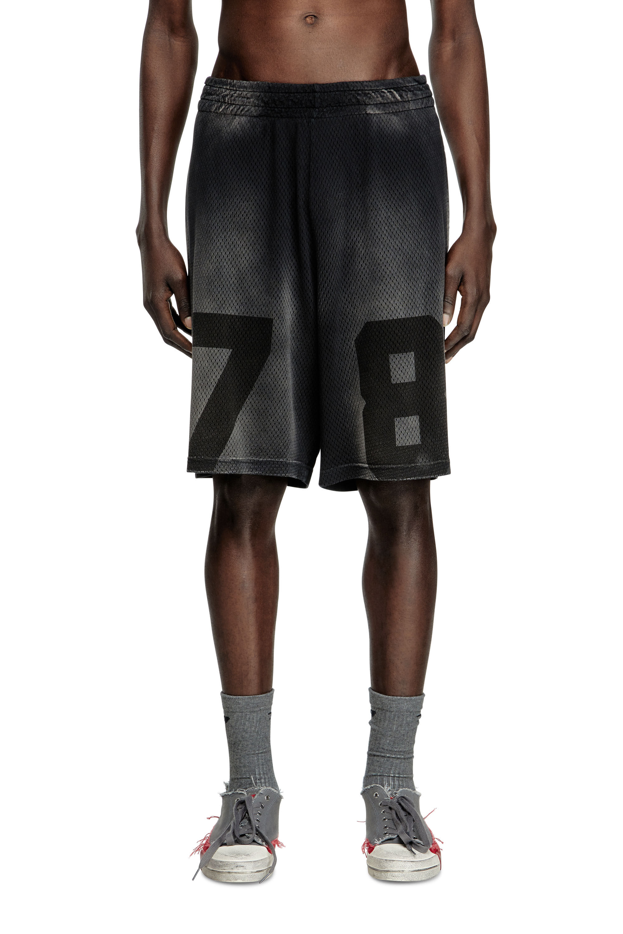 Diesel - P-TAIN-MESH, Short en jersey et mesh avec effet délavé Homme in Noir - 3