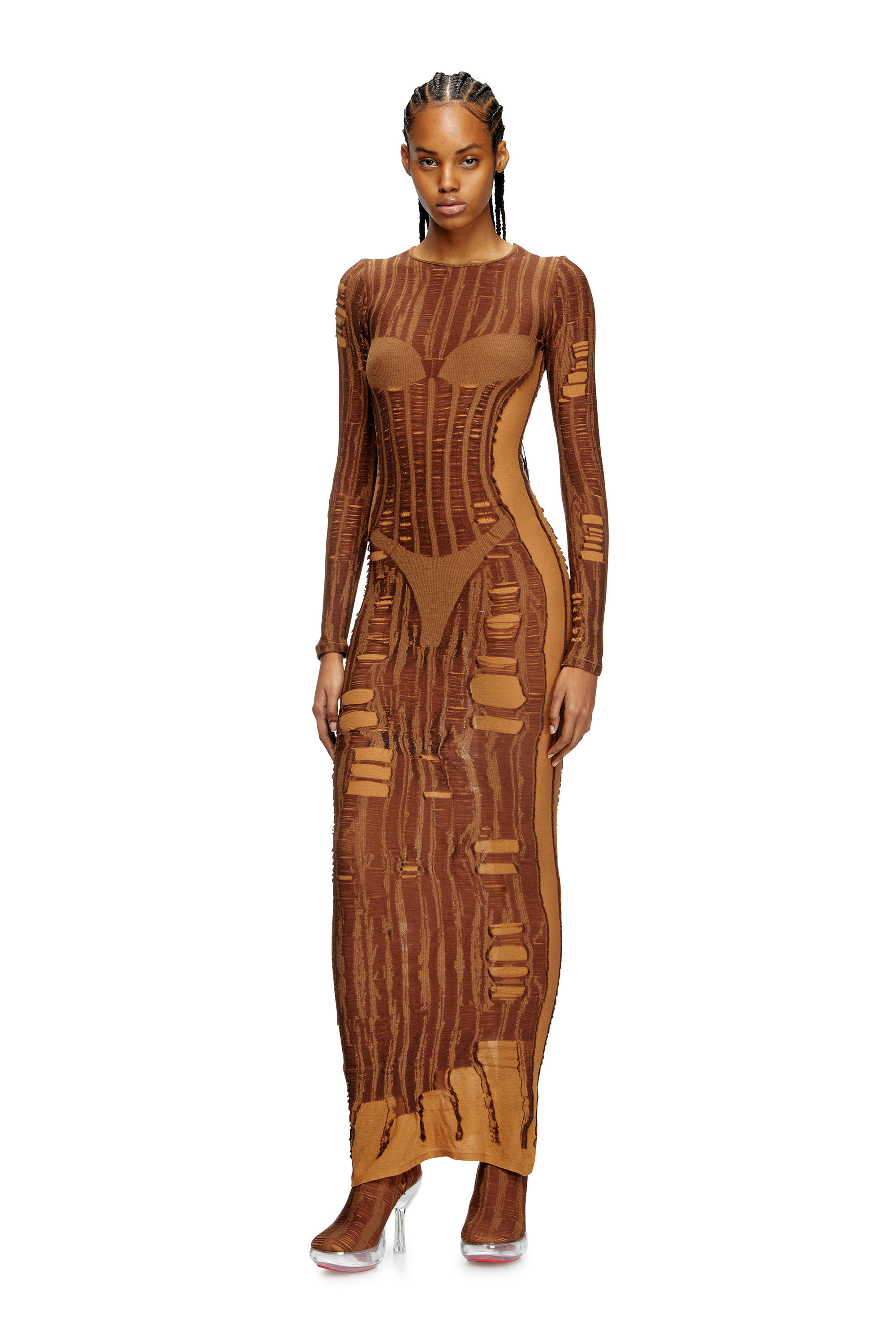 Diesel - M-CALIMERA, Female's Maxi dress in distressed second-skin knit in Brown - 1