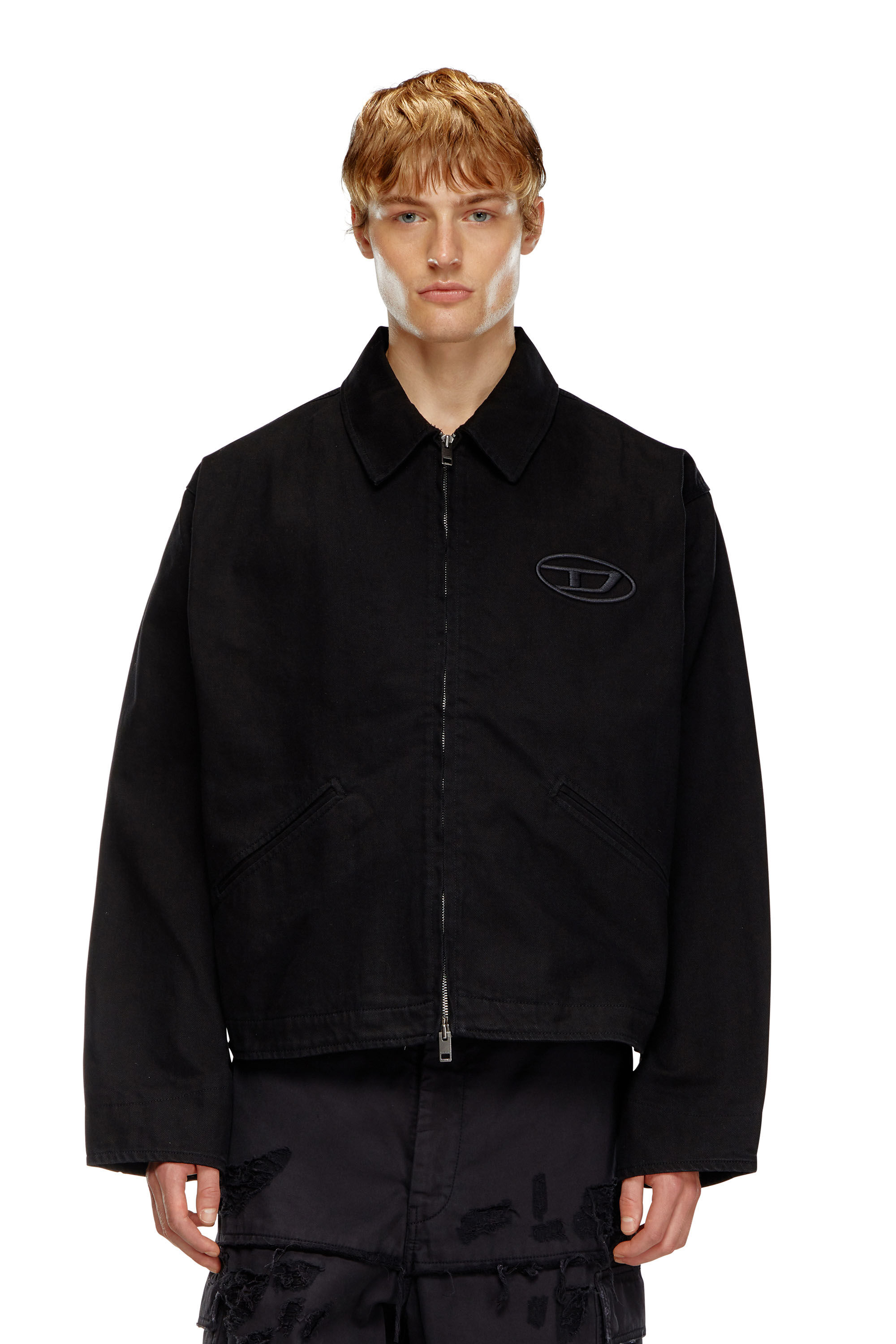 Men s Denim blouson jacket with bleached logo Black Diesel