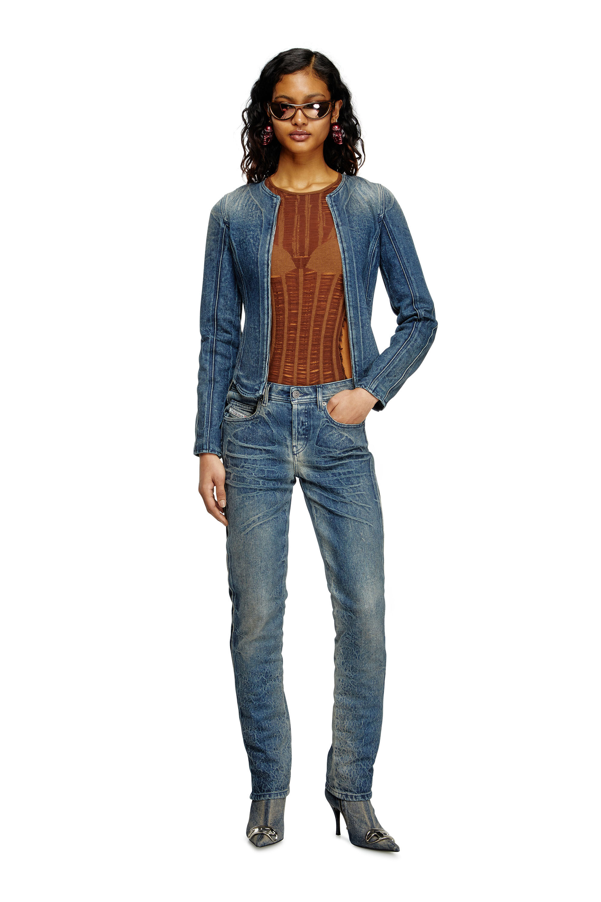 Diesel - M-CALAI-SS, Female's Seamless T-shirt with lingerie illusion in Brown - 1