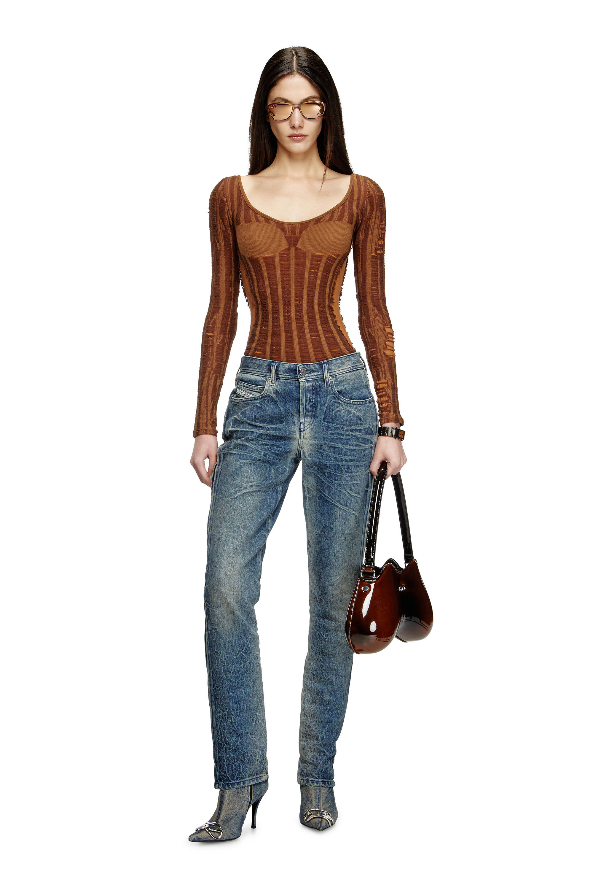 Diesel - M-CALAI, Female's Seamless top with lingerie illusion in Brown - 1