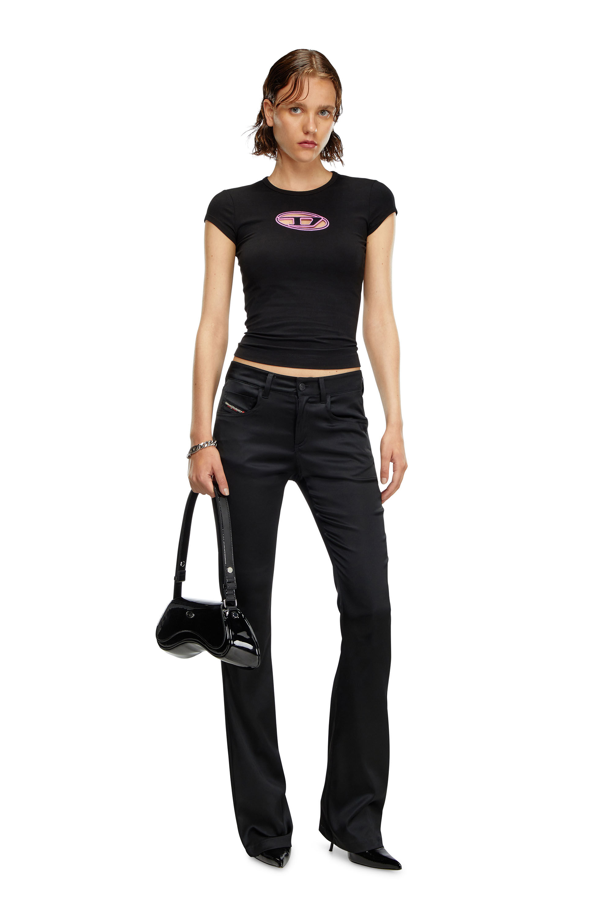 Diesel - T-ANGIE, Female's T-shirt with peekaboo logo in Black/Pink - 1