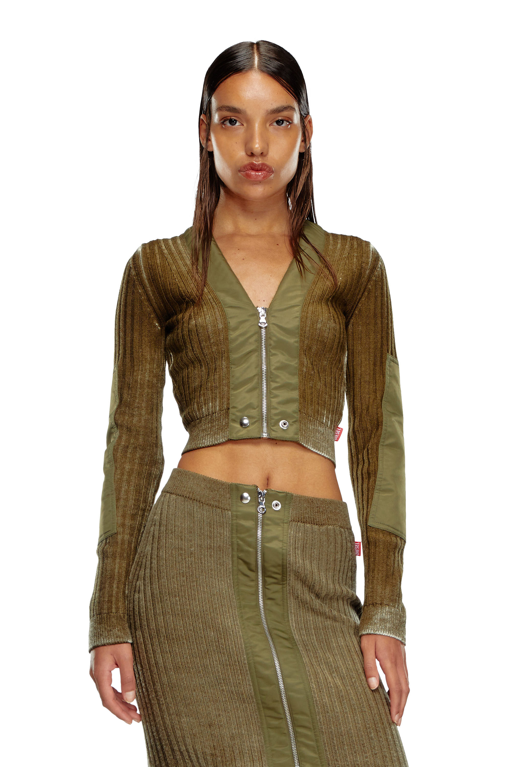 Diesel - M-ASERA, Cardigan crop en laine avec bordures en nylon Femme in Vert - 3