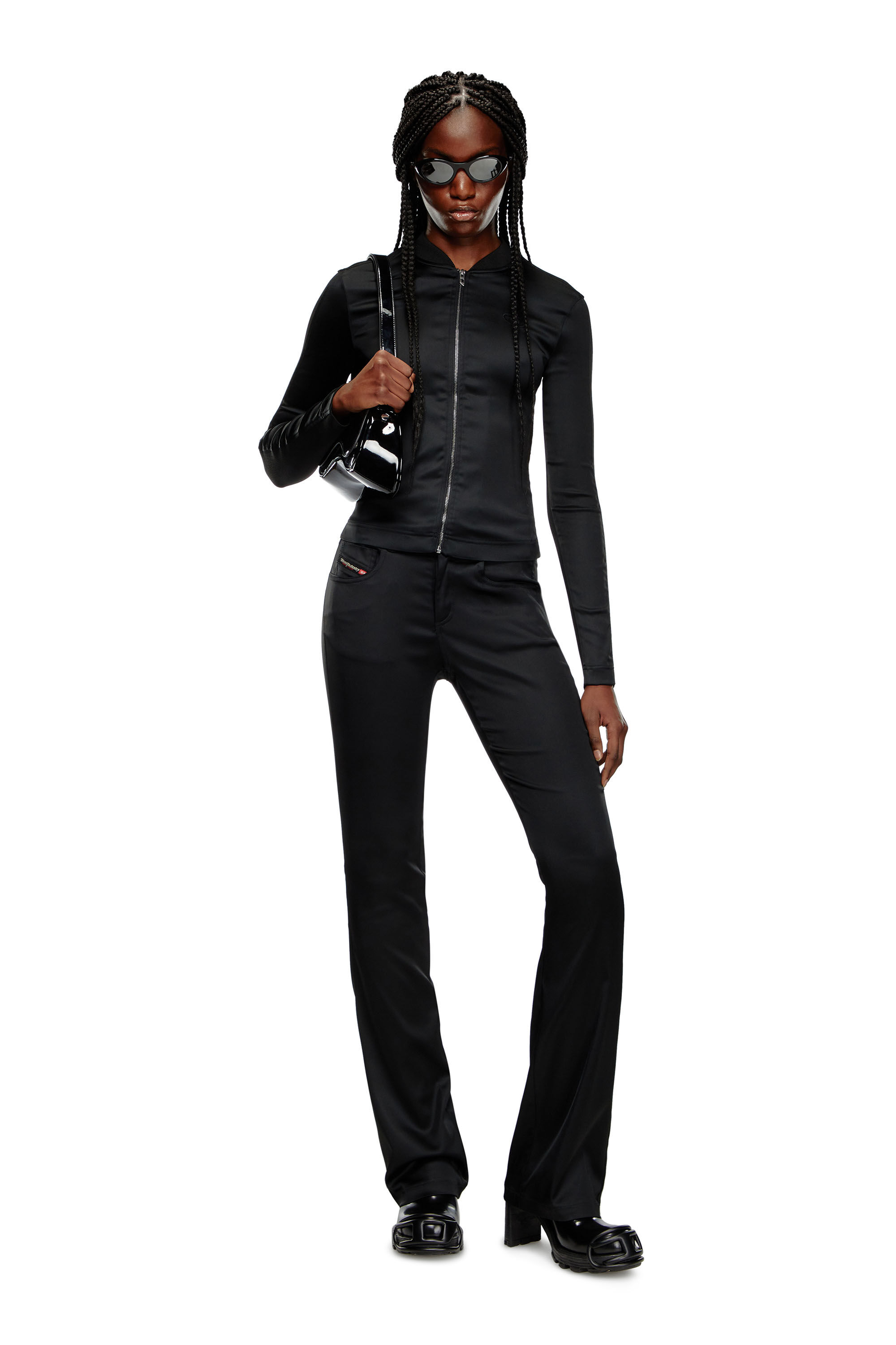 Women s Rib knit and stretch satin jacket Black Diesel