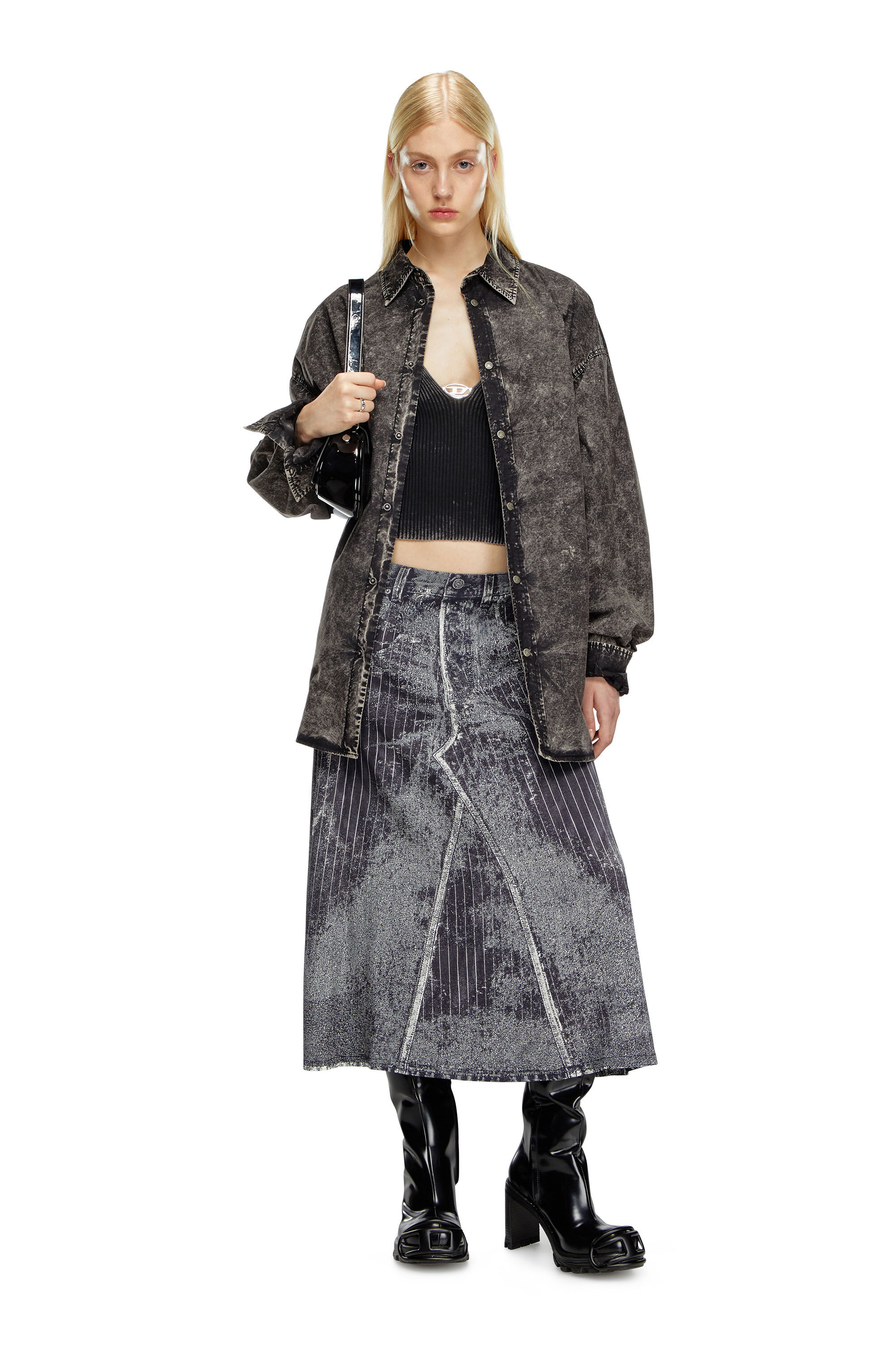 Diesel - O-HANNA, Female's Satin skirt with print of pinstripe denim in Black - 1