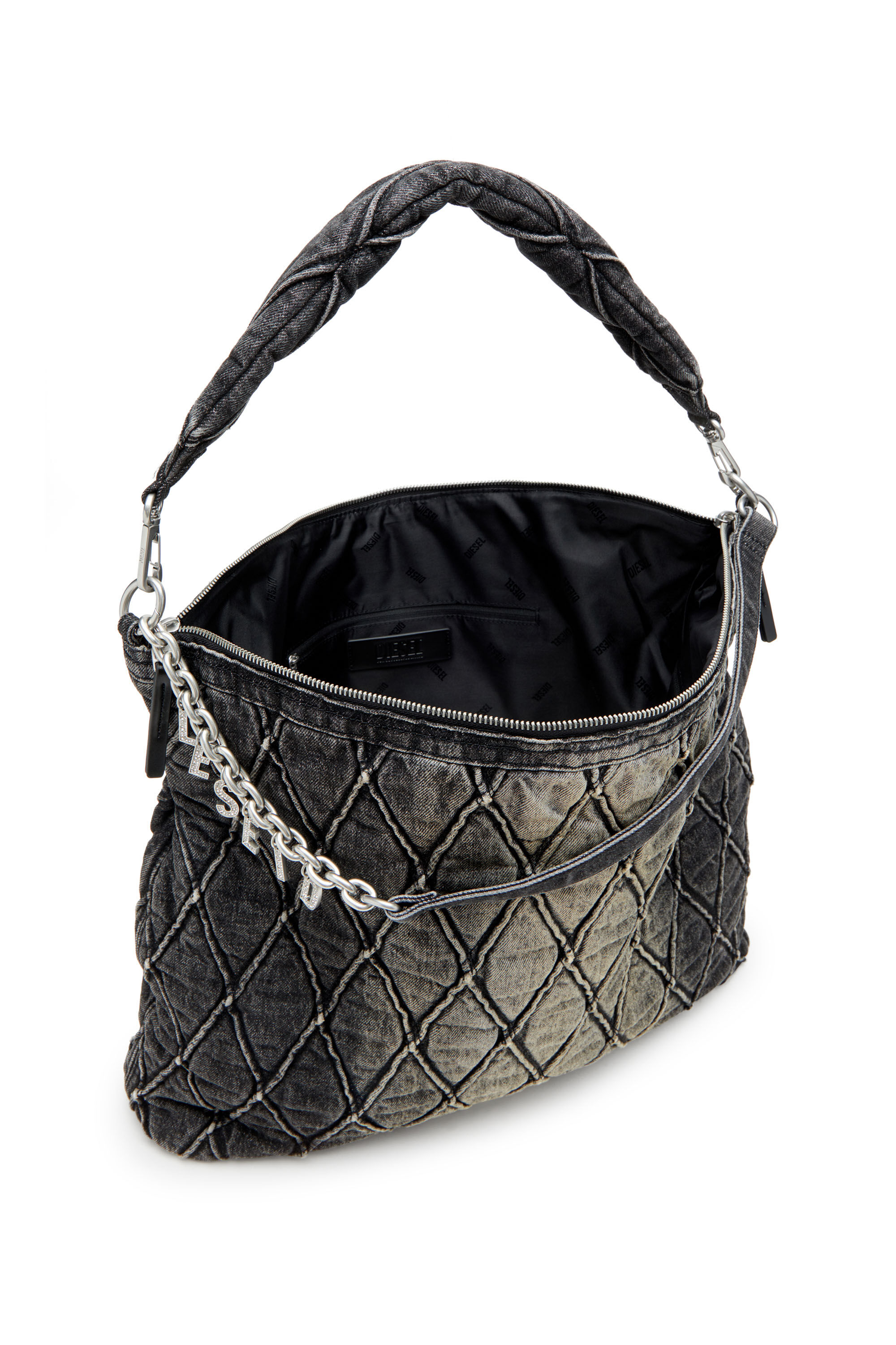 Diesel - CHARM-D HOBO, Charm-D-Grand sac hobo en denim matelassé traité Femme in Noir - 2