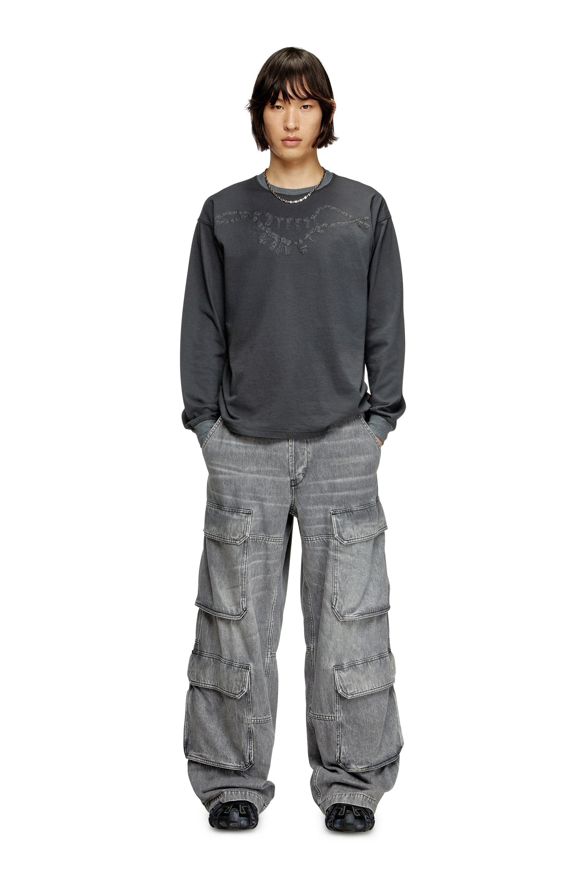 Diesel - T-BOXT-LS-HOSHI, Unisex's Long-sleeve T-shirt with charm necklace print in Dark Grey - 1