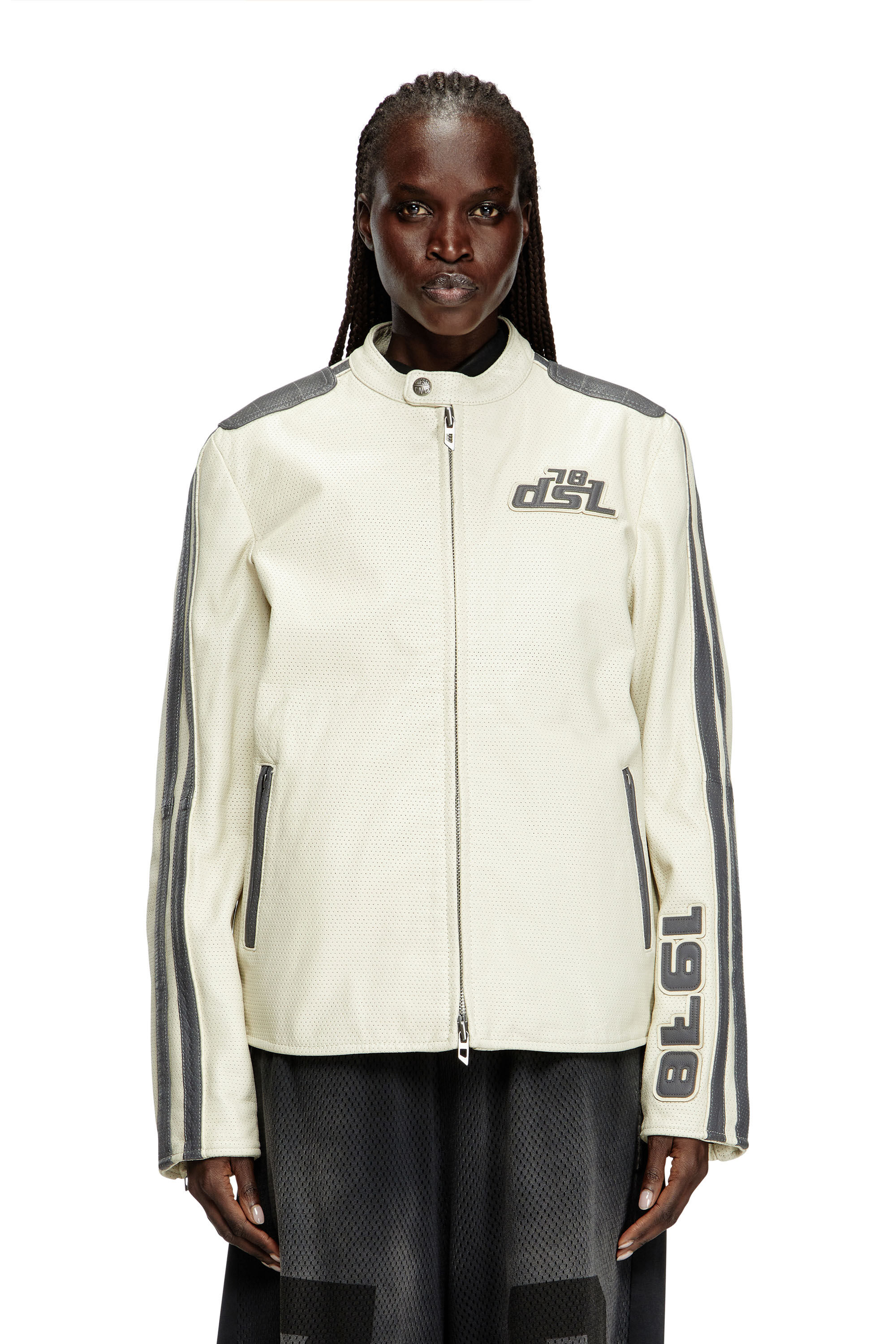 Diesel - L-POP, Veste de motard en cuir perforé Mixte in Blanc - 6