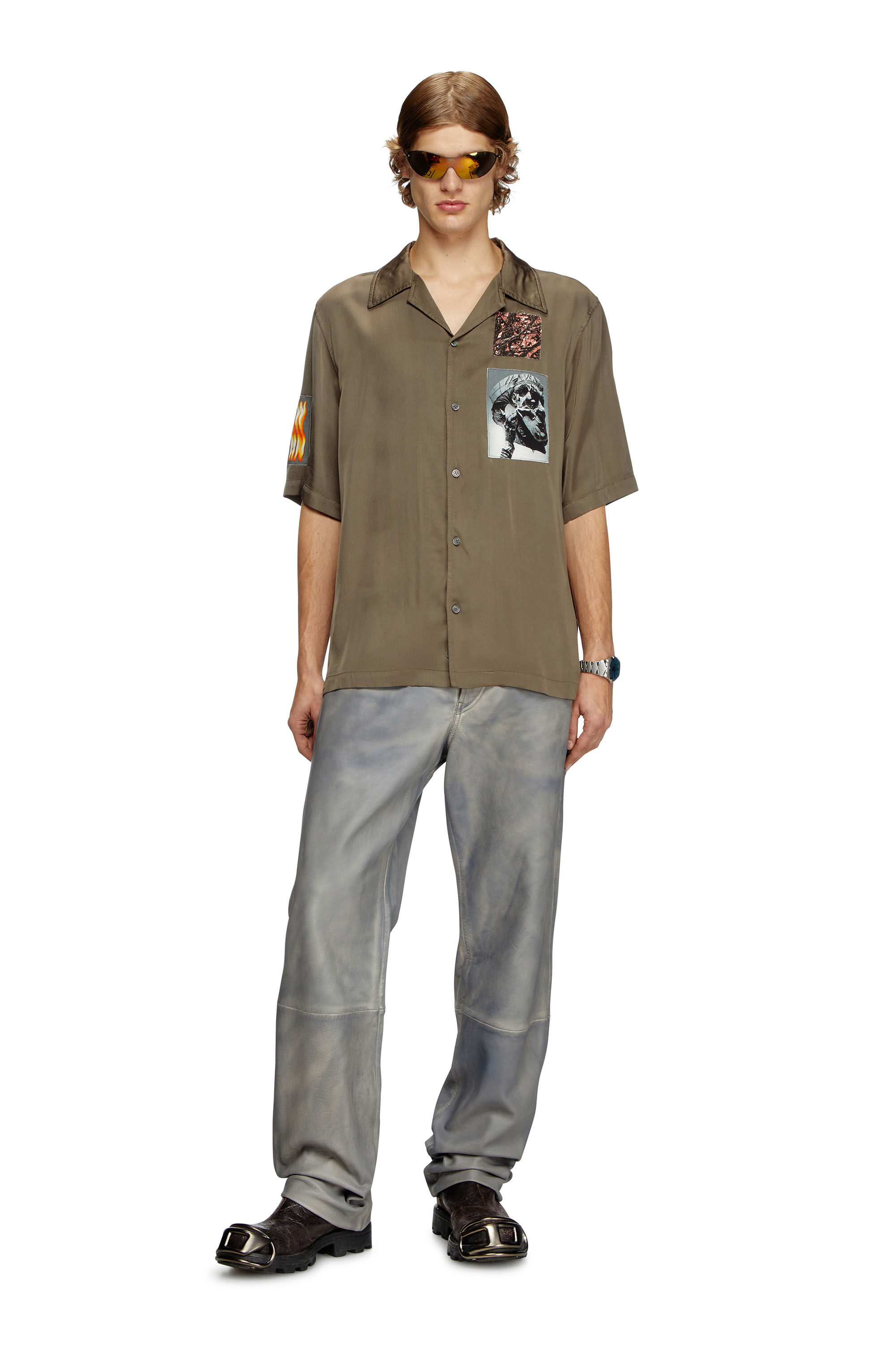 Diesel - S-DAXHE, Chemise à manches courtes en satin avec empiècements Homme in Vert - 1