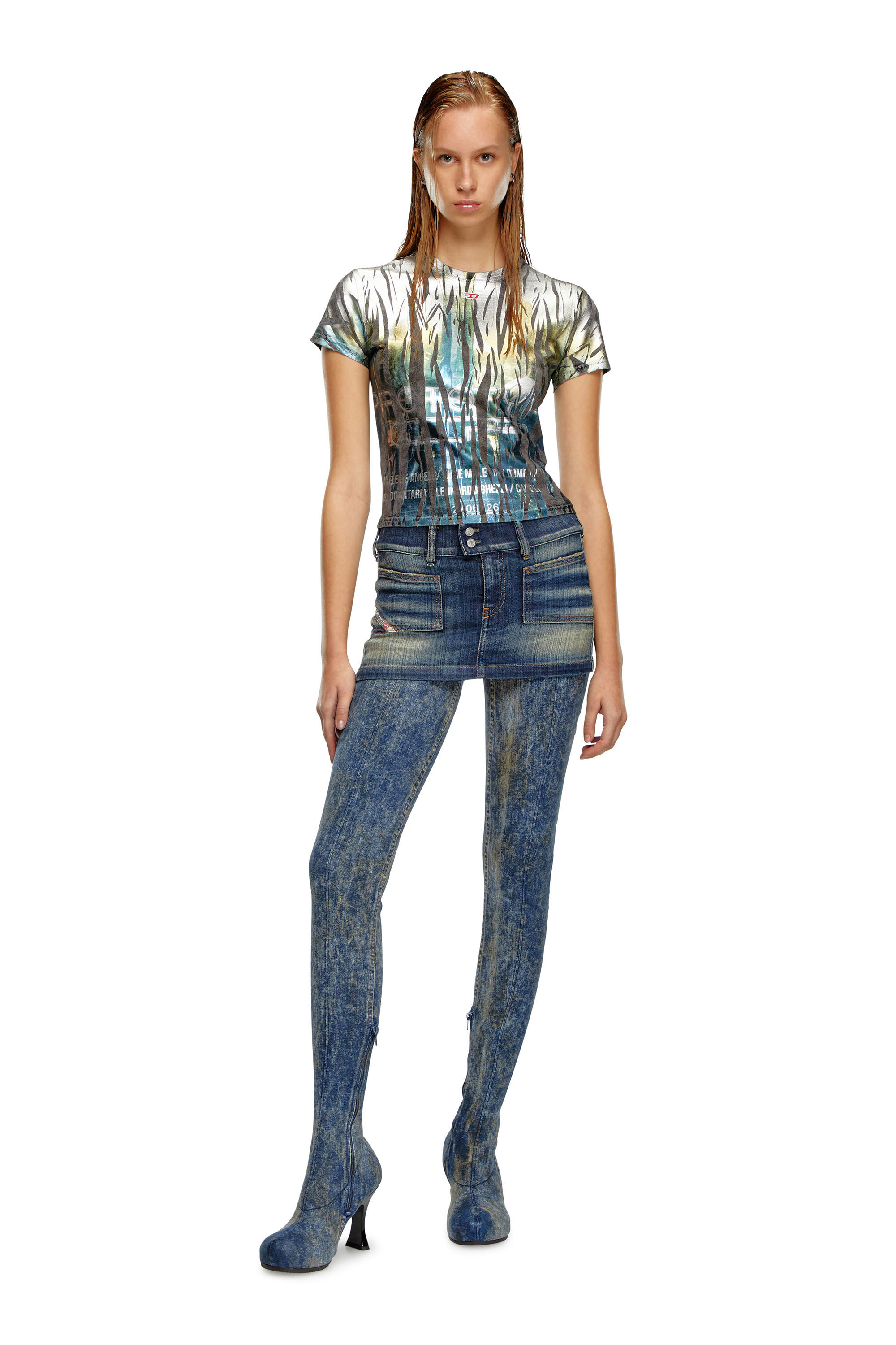 Diesel - T-UNCUTIE-LONG-FOIL, Female T-shirt with creased foil treatment in Multicolor - Image 3