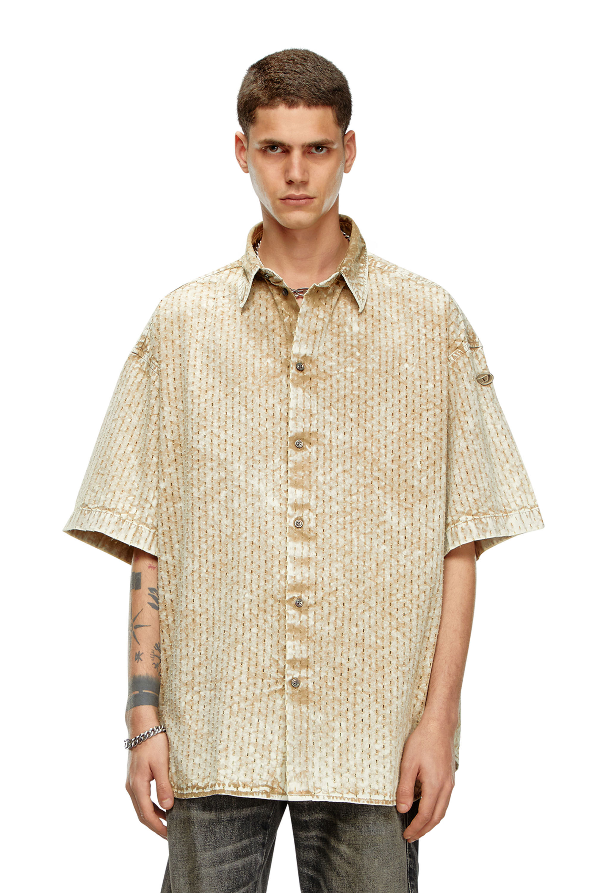 Men s Perforated acid wash short sleeve shirt Brown Diesel
