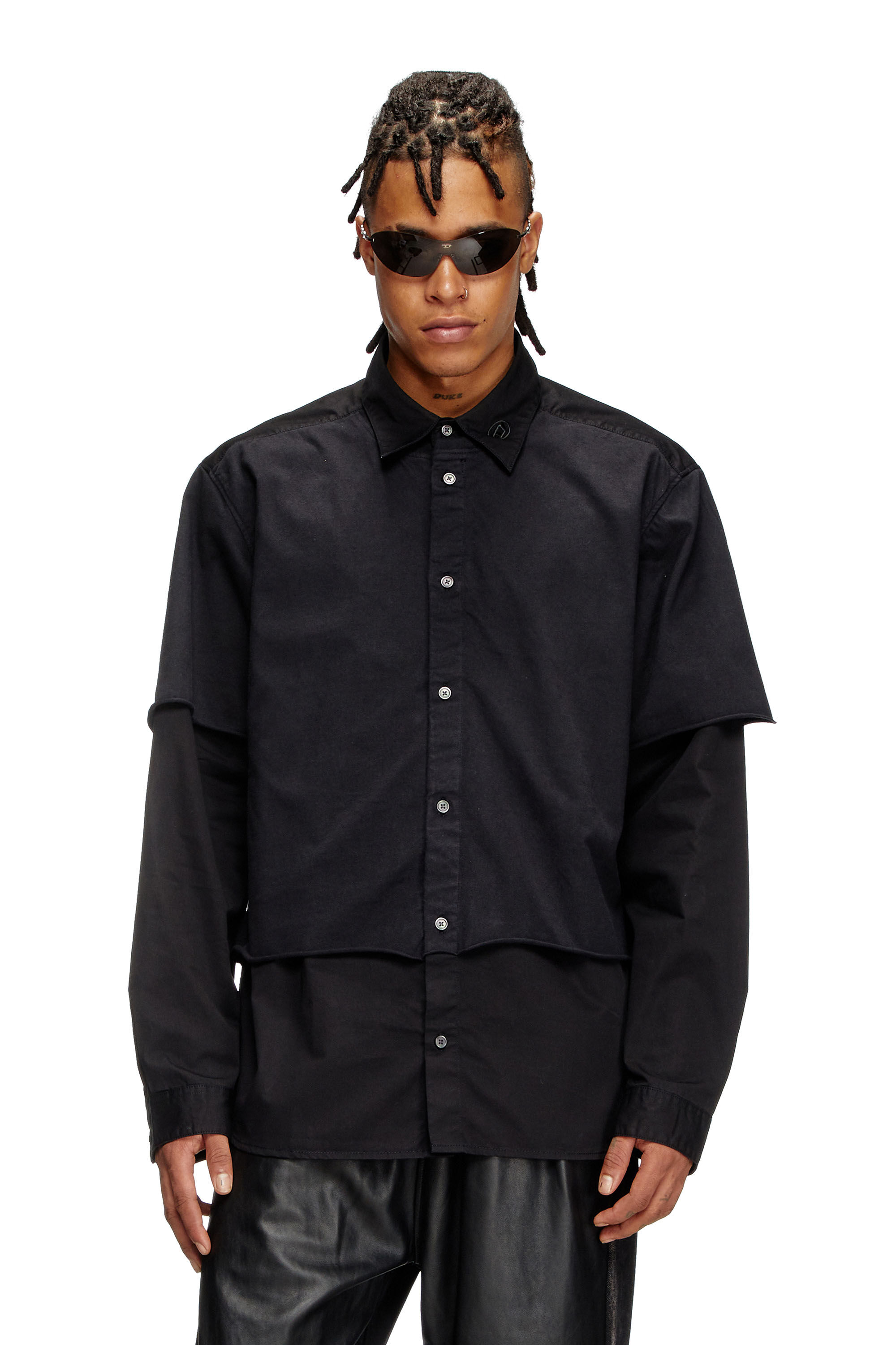 Diesel - S-GASTON-O, Chemise superposée en sergé et jersey Homme in Noir - 3