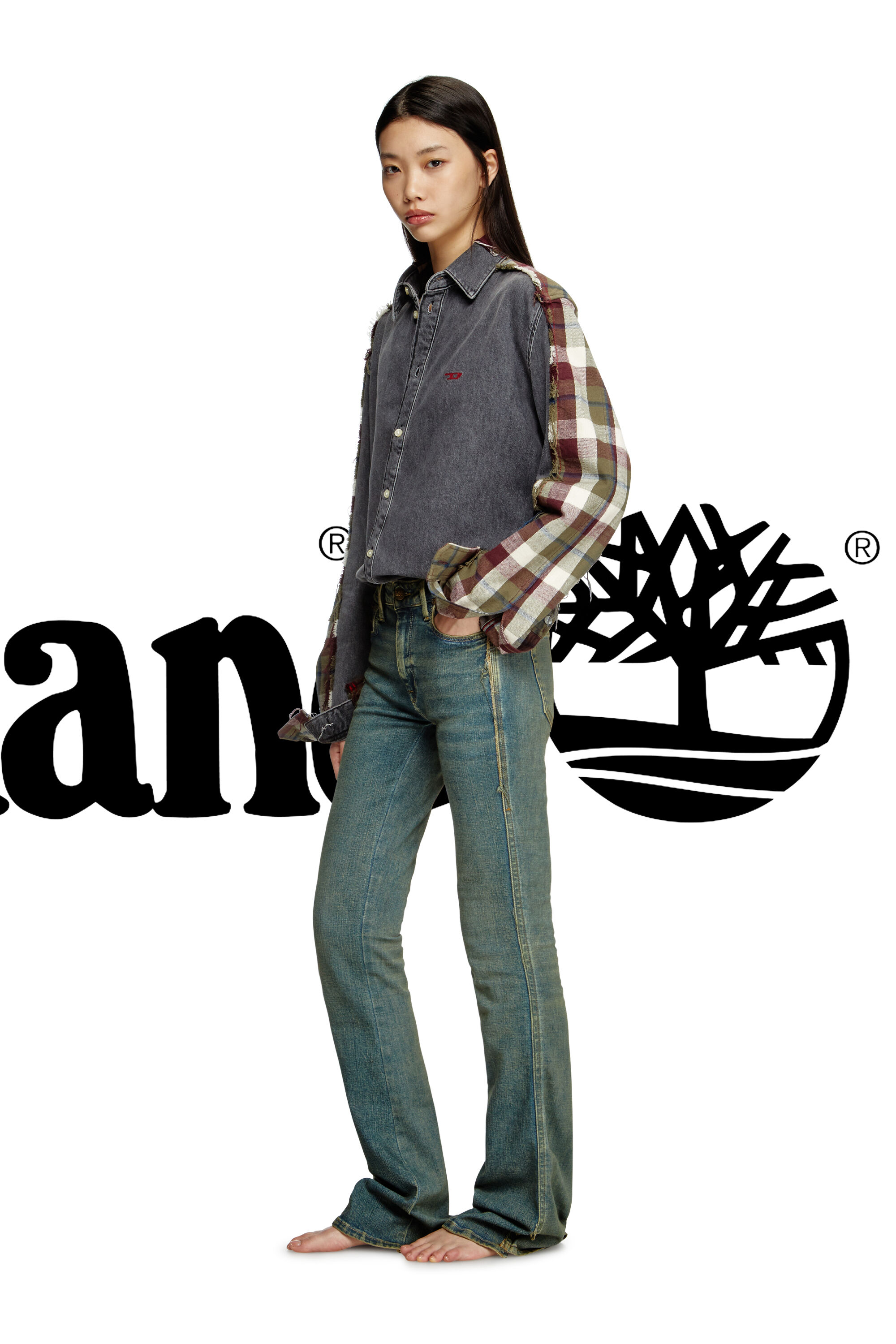 Diesel - Shirt Dieseloves 7A, Unisex's Denim and check shirt in Grey/Red - 7
