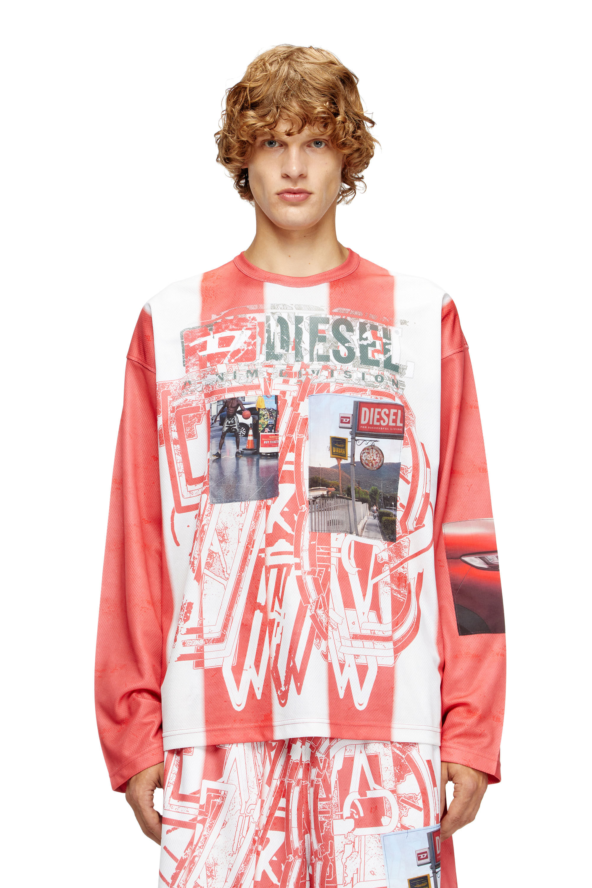 Diesel - T-RUBY, Male's Striped long-sleeve T-shirt with photo patches in Red/White - 3
