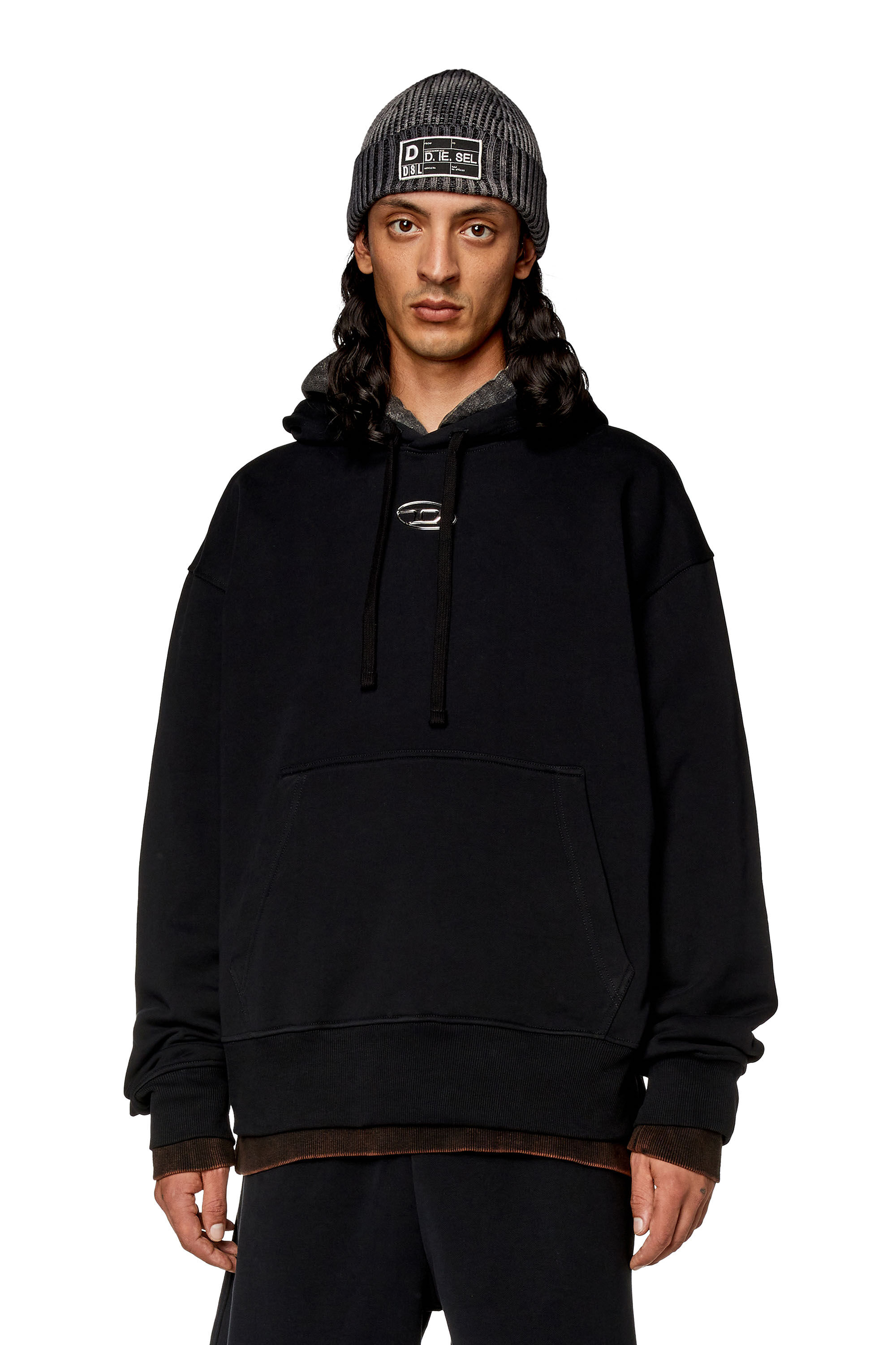 Diesel - S-MACS-HOOD-OD, Sweat-shirt à capuche oversize avec logo métallisé Homme in Noir - 3