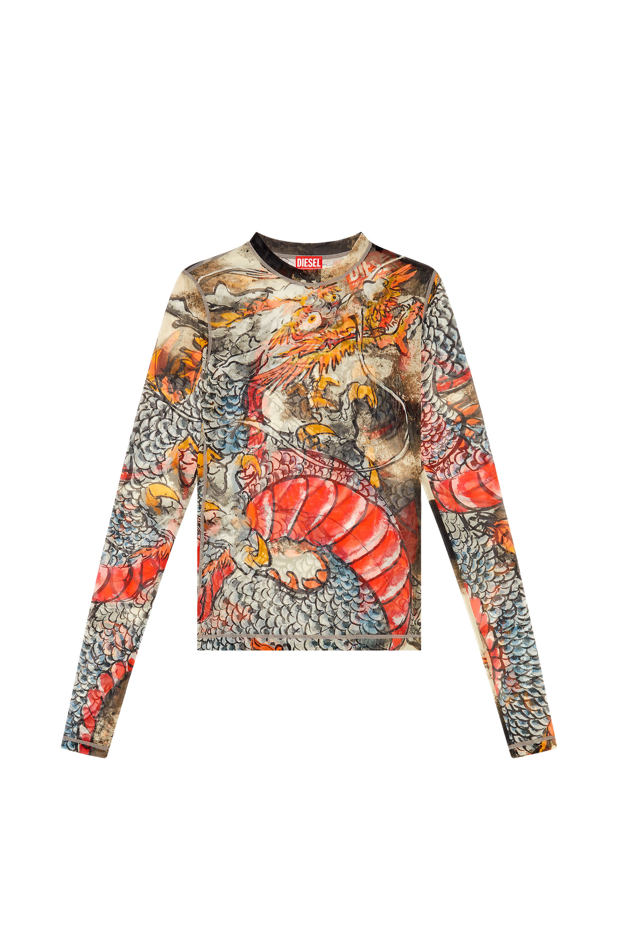 Diesel - CL-T-SIELAR-DRAGON, Unisex's Mesh top with Dragon print in Beige/Red - 2