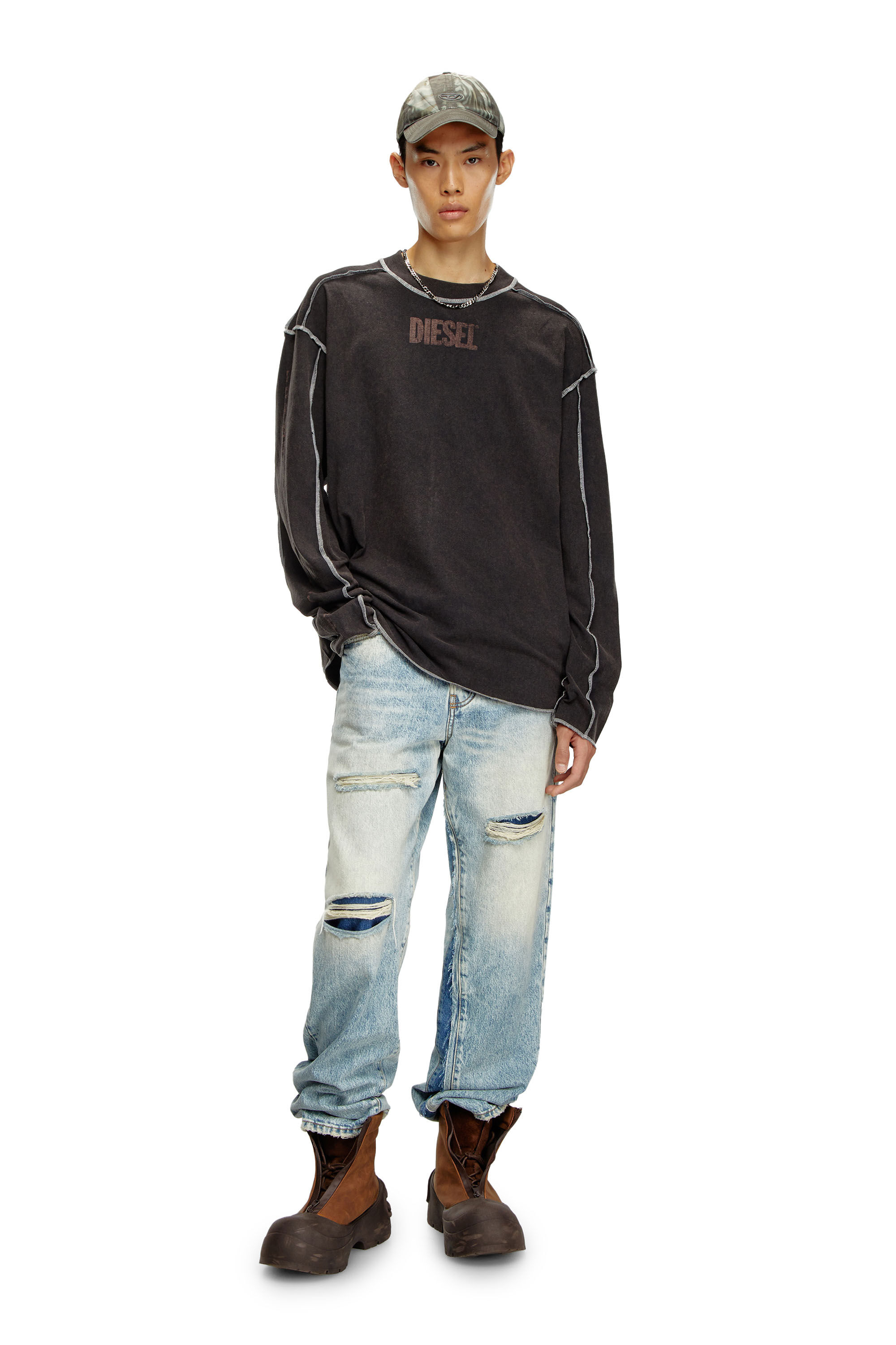 Diesel - T-CRAOR-LS, T-shirt à manches longues avec effet « inside-out » Homme in Gris - 1