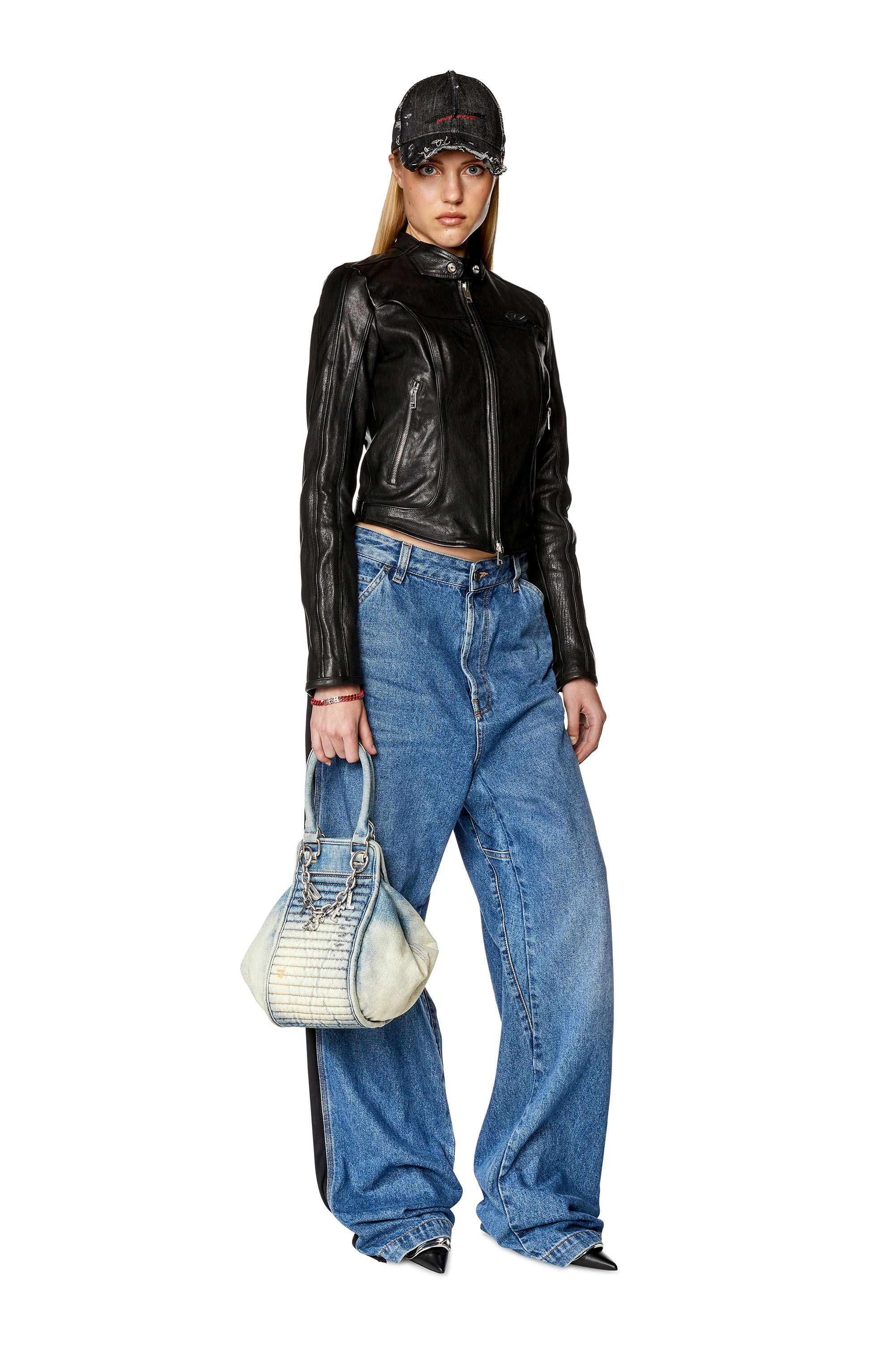 Diesel - L-FOXI, Female's Leather jacket with embossed D in Black - 1
