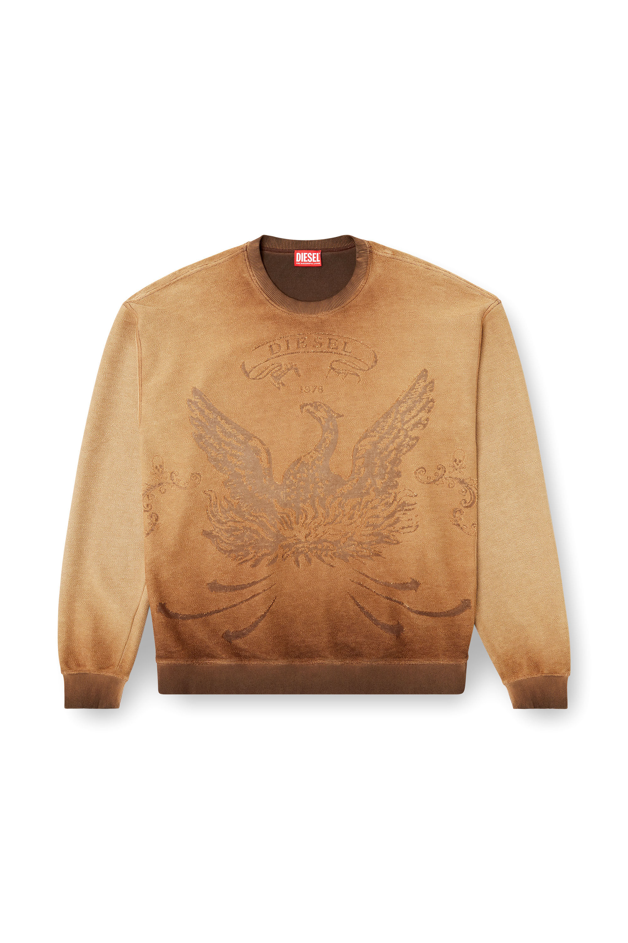 Diesel - S-ARON, Male's Faded sweatshirt with devoré Phoenix logo in Brown - 2