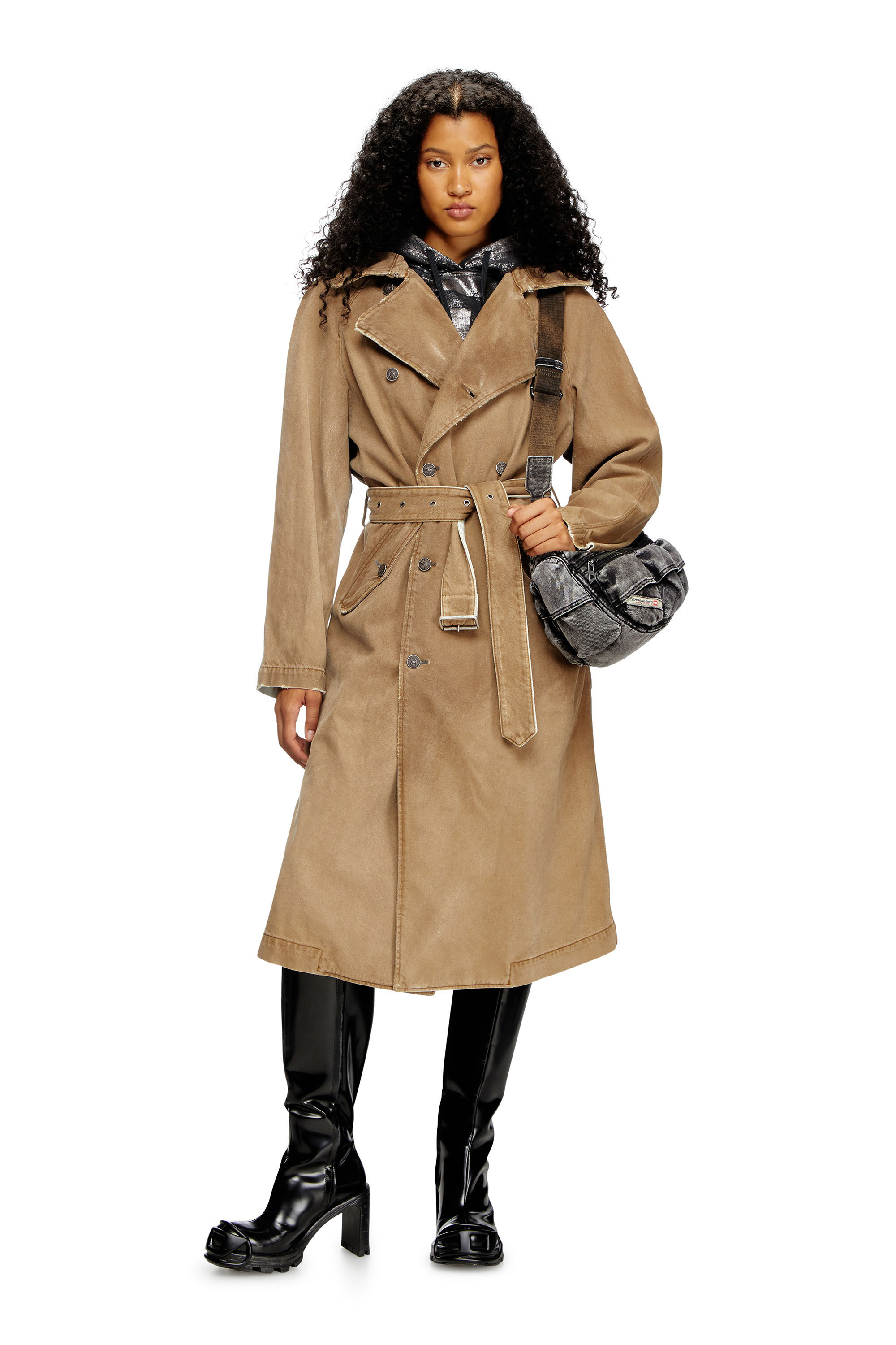 Women s Trench coat in overdirt denim Brown Diesel