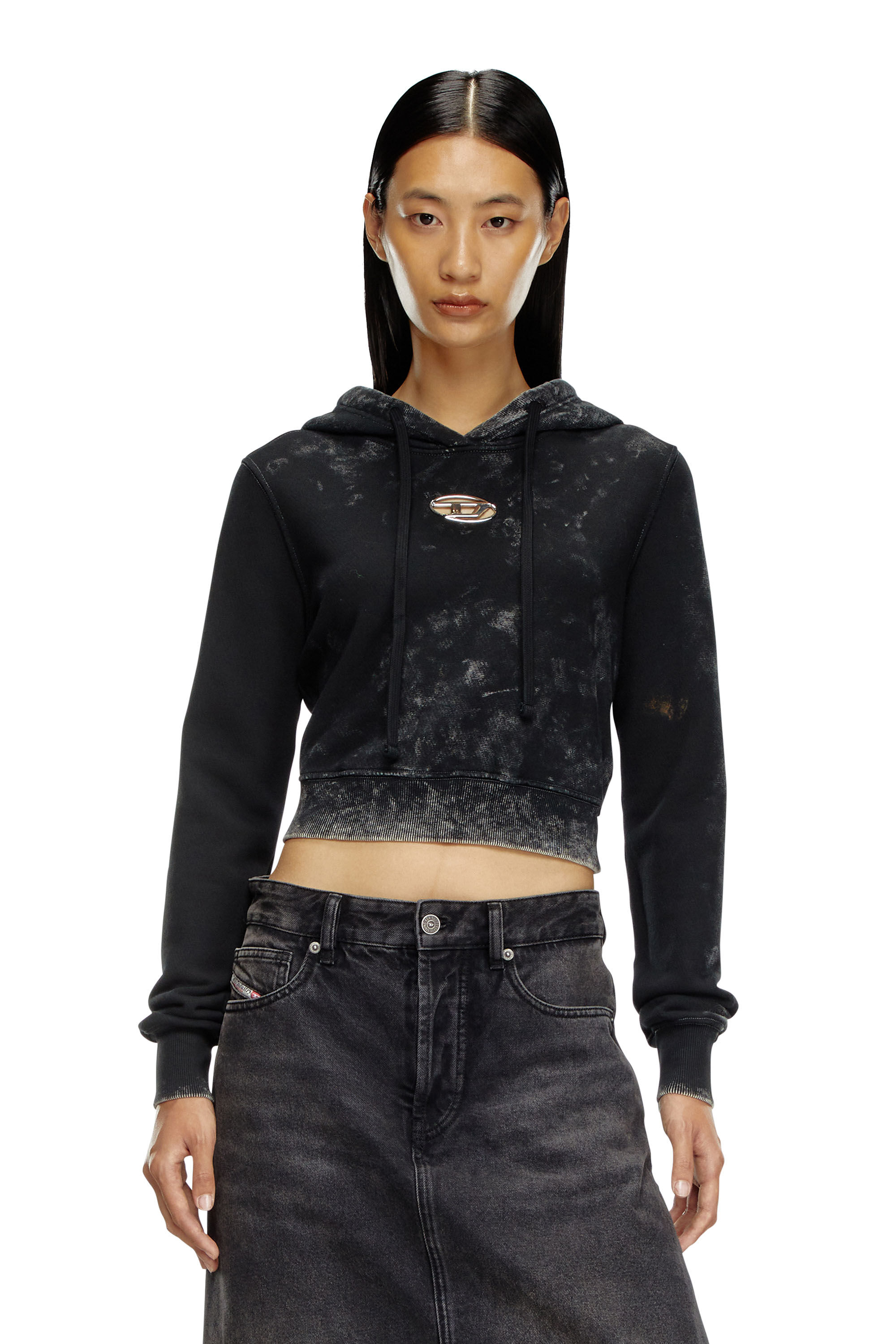 Diesel - F-SLIMMY-HOOD-P5, Sweat-shirt à capuche délavé avec logo en métal Femme in Noir - 3