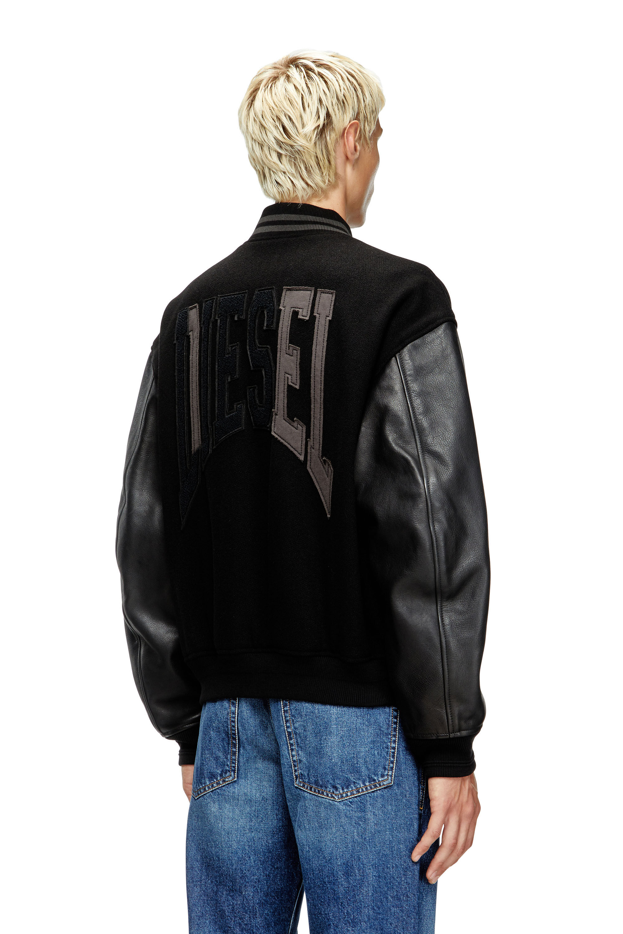 Diesel - L-NYMAN, Male's Varsity bomber jacket in cotton and leather in Black - 5