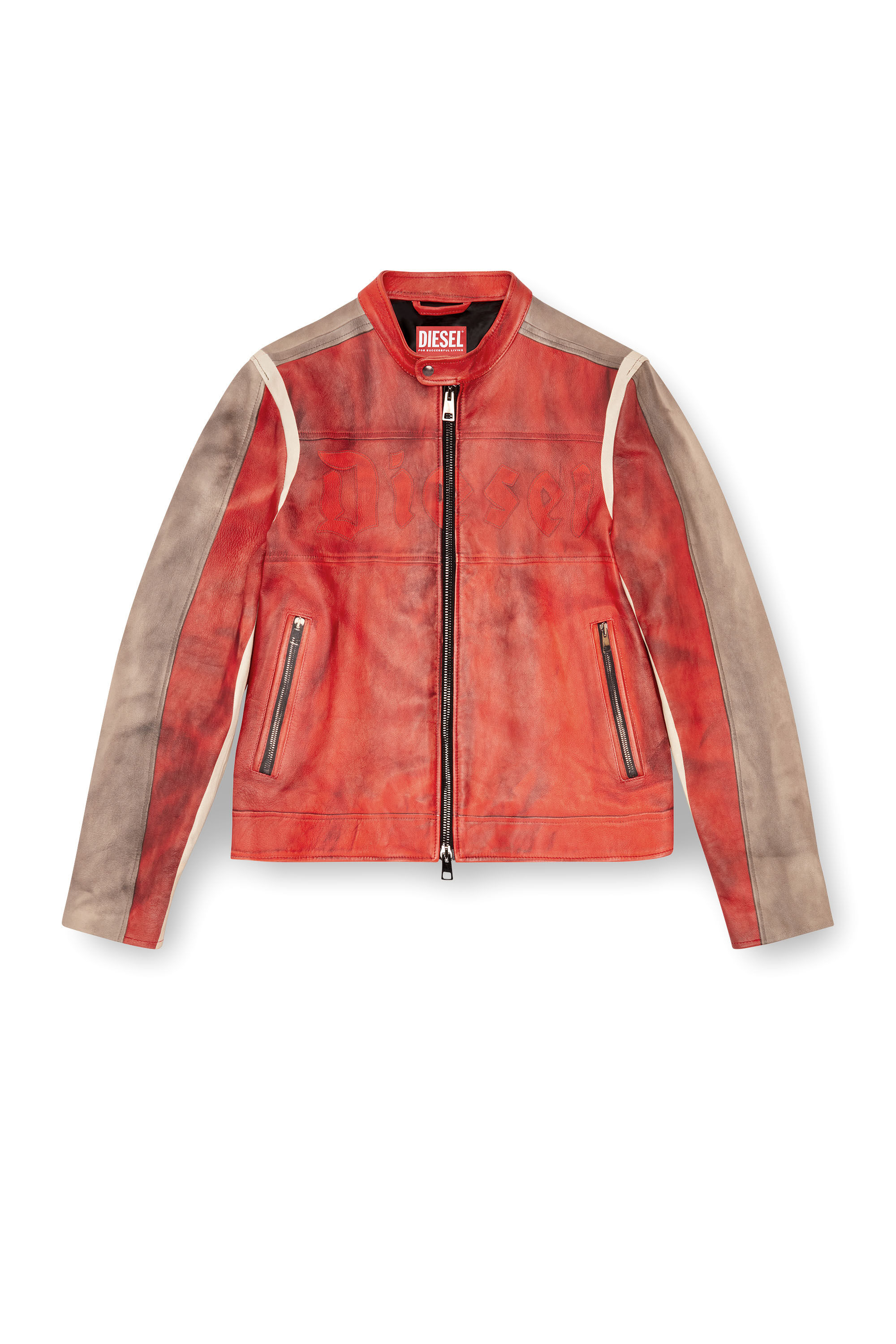Men s Dirty effect leather biker jacket Red Diesel