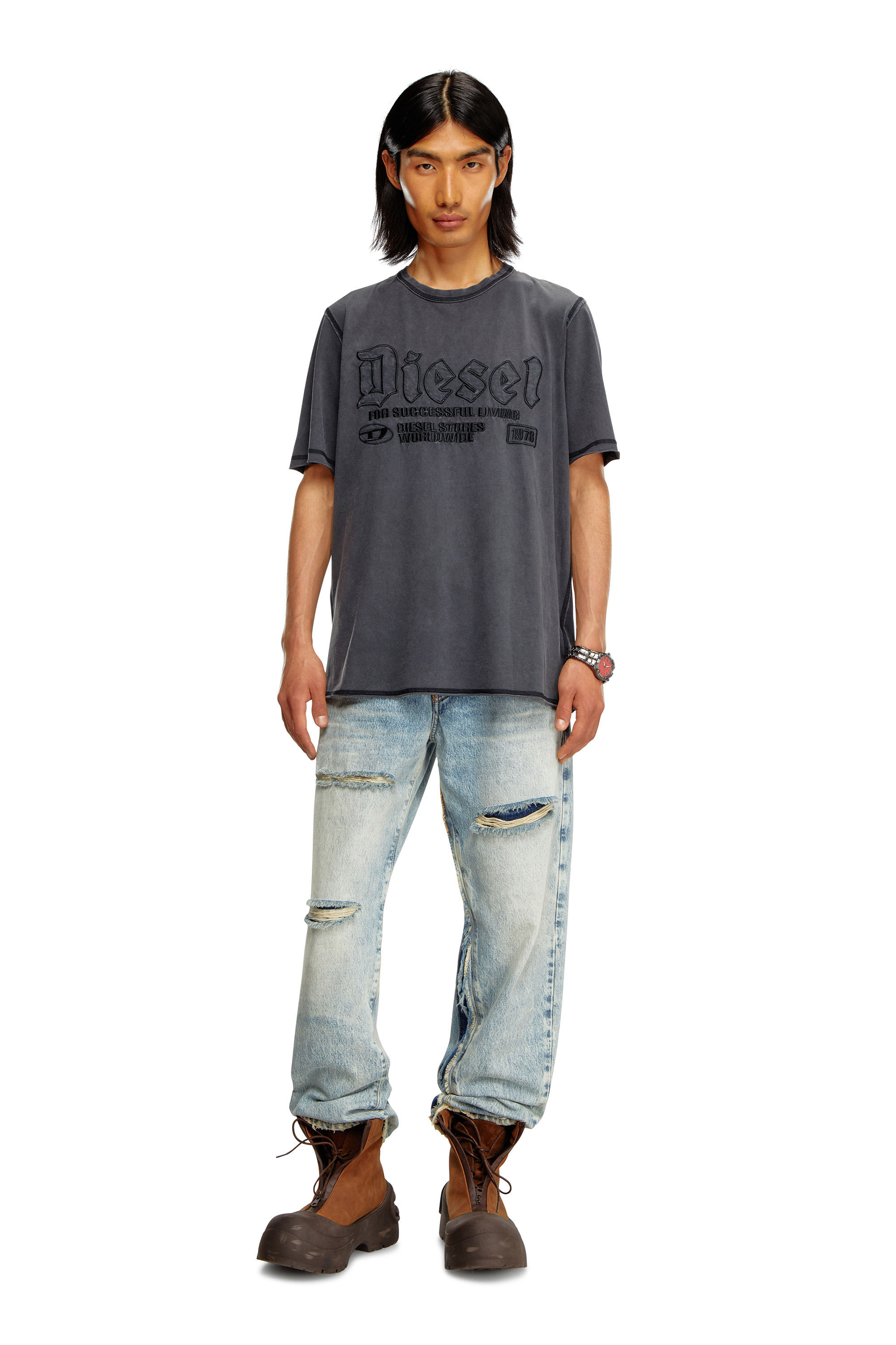 Diesel - T-RAWJUST, Male's Faded T-shirt with tonal embroidery in Black - 1