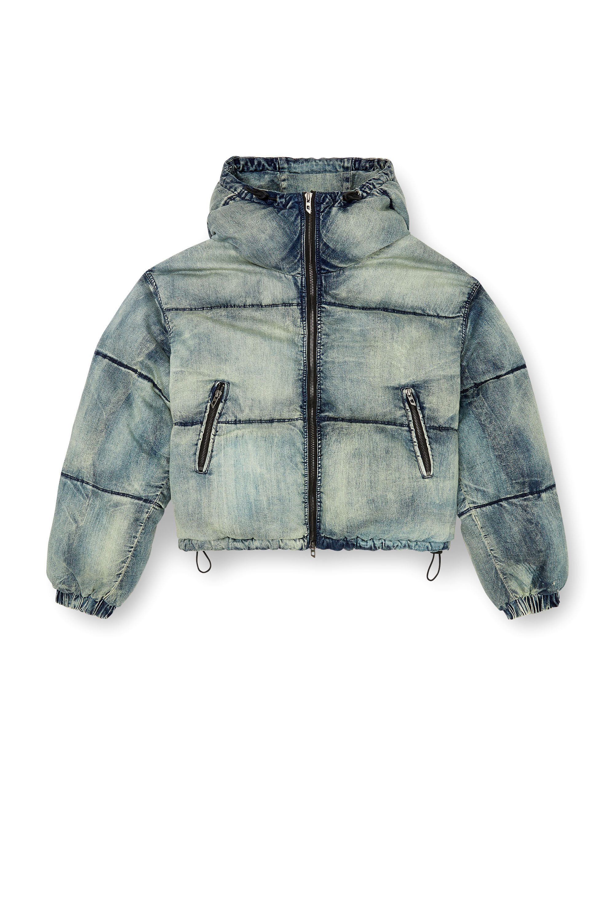 Women's Cropped hooded puffer jacket in denim | Blue | Diesel Women's Cropped hooded puffer jacket in denim | Blue | Diesel