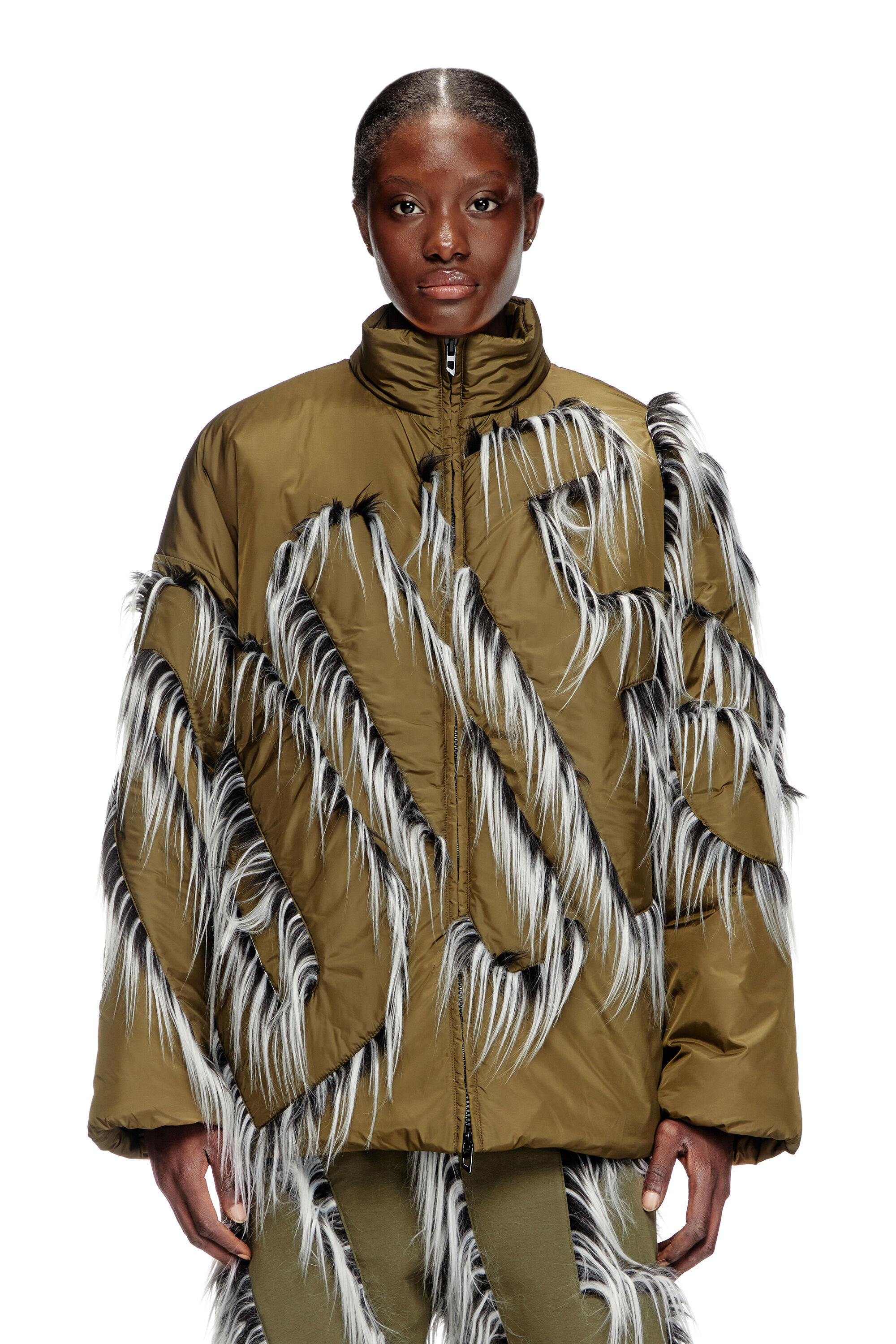 Diesel - G-ADAT, Female's Padded nylon jacket with fuzzy-trim logo in Military Green - 2