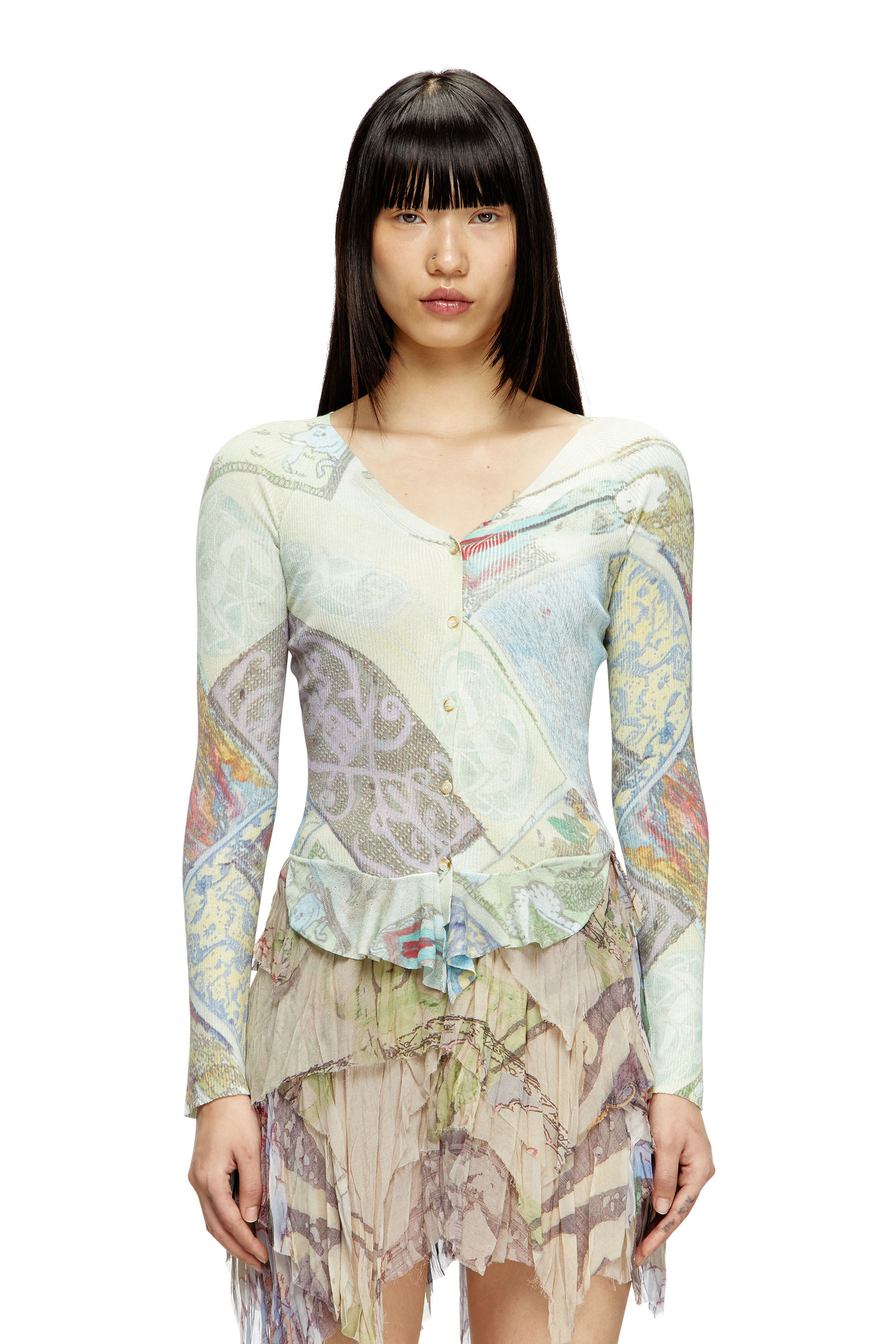 Diesel - M-FIORINA, Female's Cropped cardigan with medieval print in Blue/Green - 3