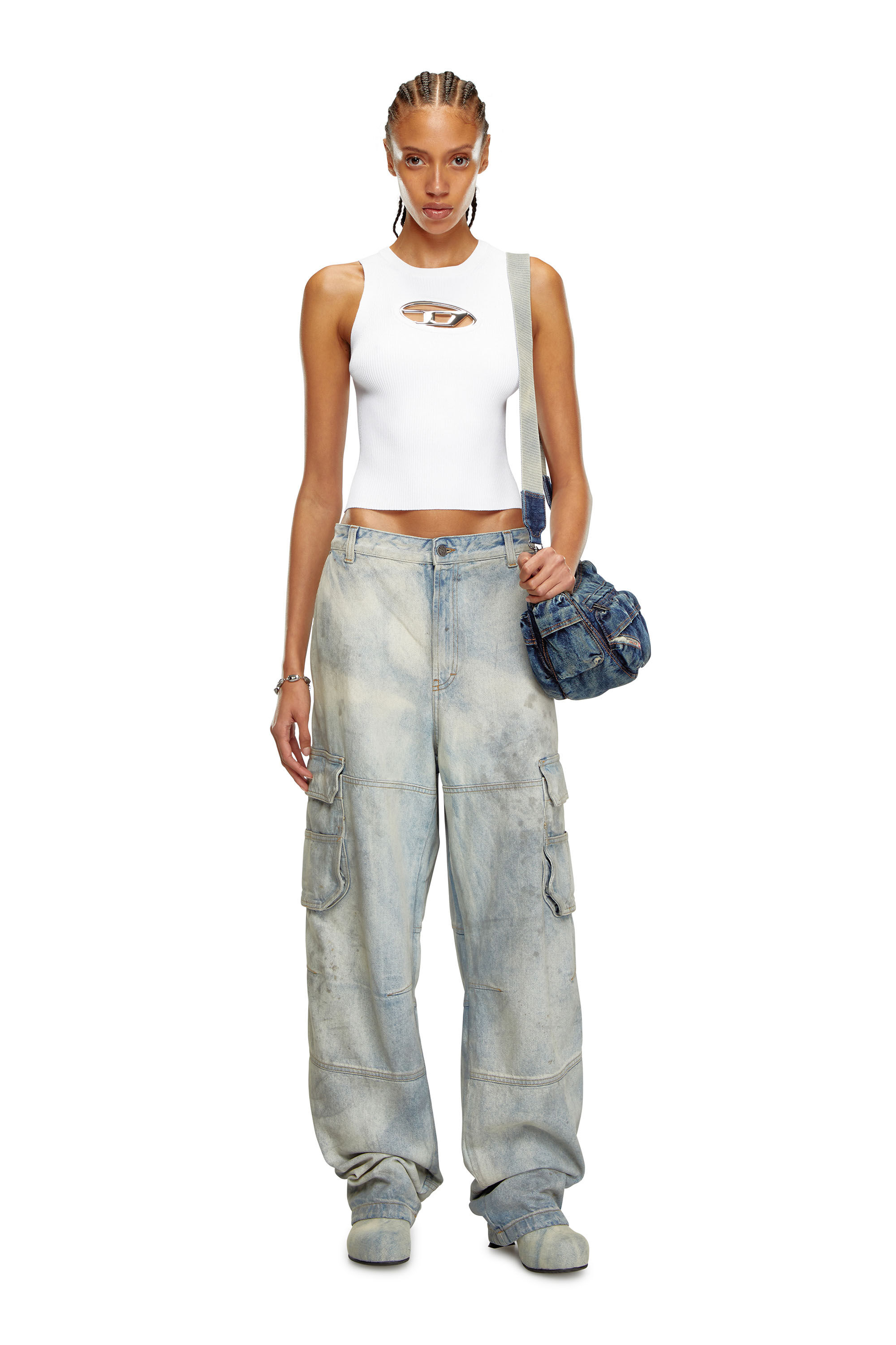 Diesel - M-ONERVA-TOP, Female's Cut-out knit top with logo plaque in White - 1