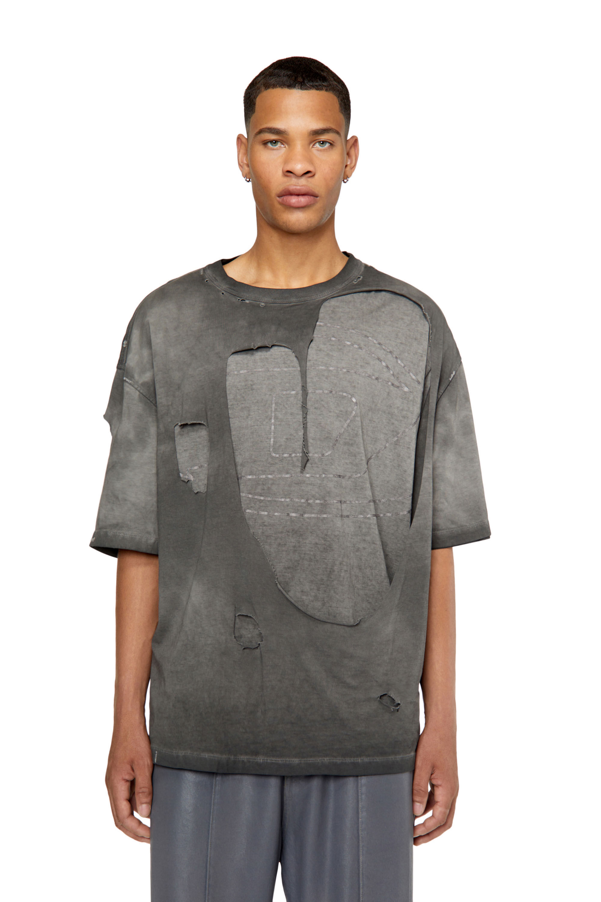 Diesel - T-ASHY, T-shirt double épaisseur avec logo oval D Homme in Gris - 3