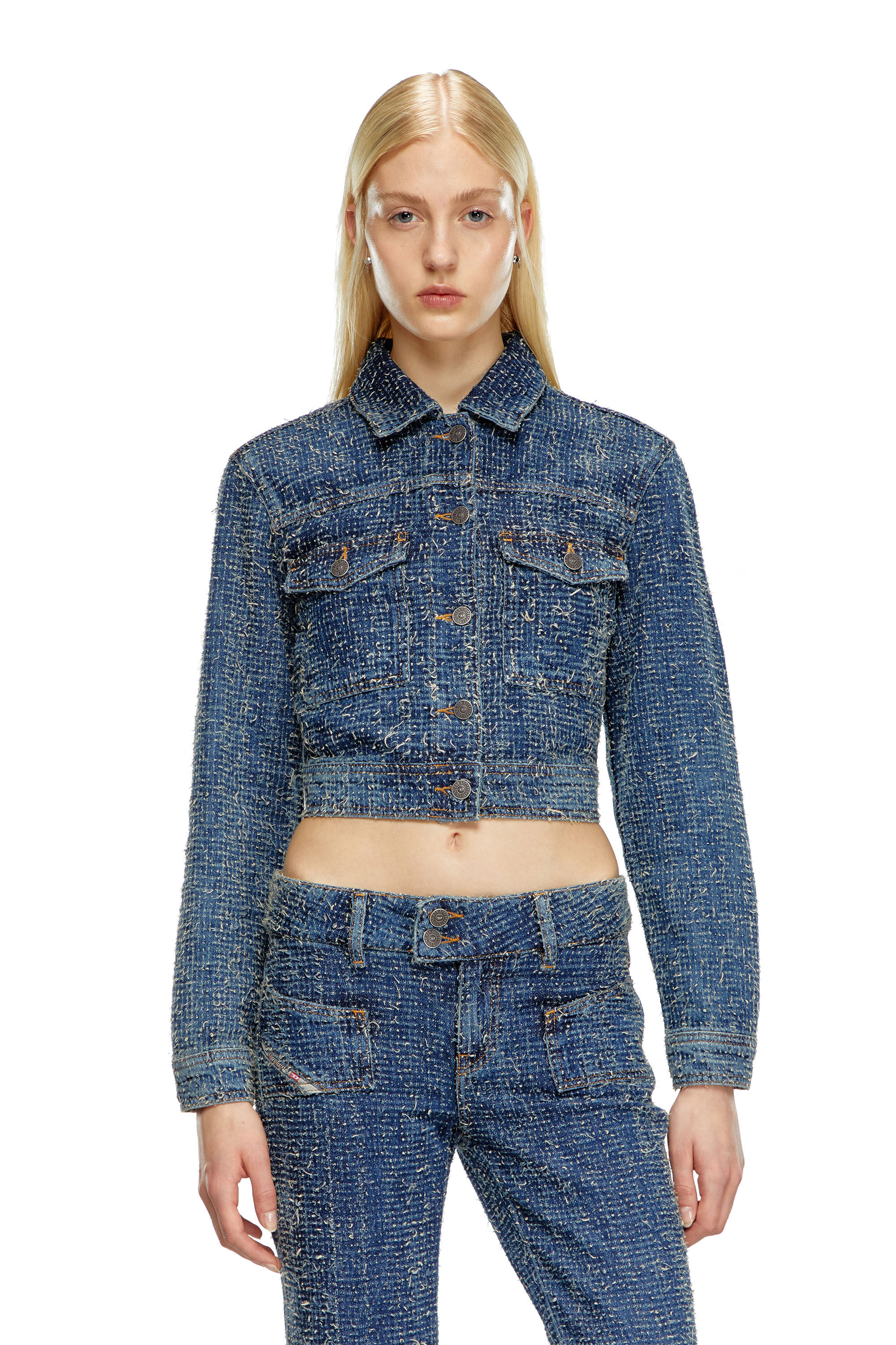 Diesel - DE-ATEL-S, Veste crop en denim bouclé Femme in Bleu - 6