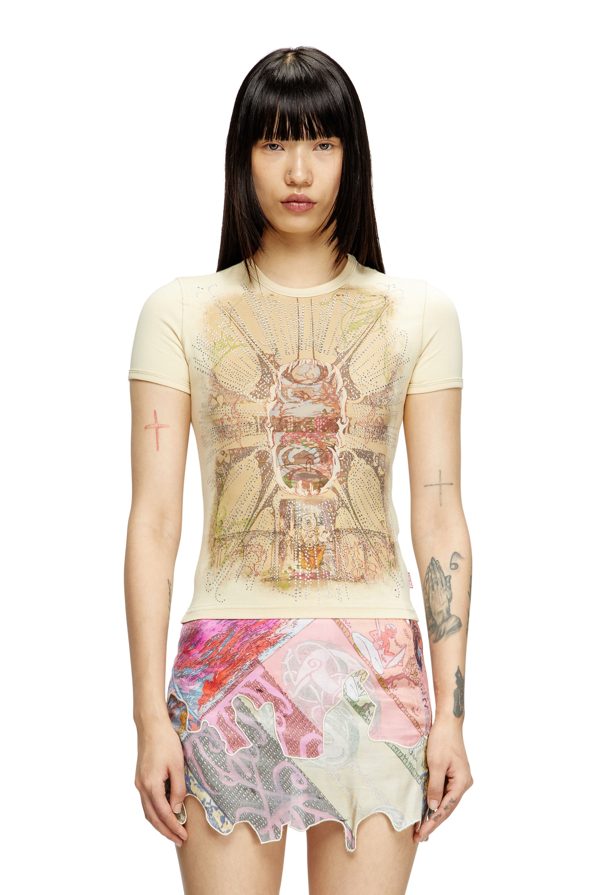 Diesel - T-UNCUTIES-LONG-R14, Female's T-shirt with rhinestone graphic in Light Brown - 3