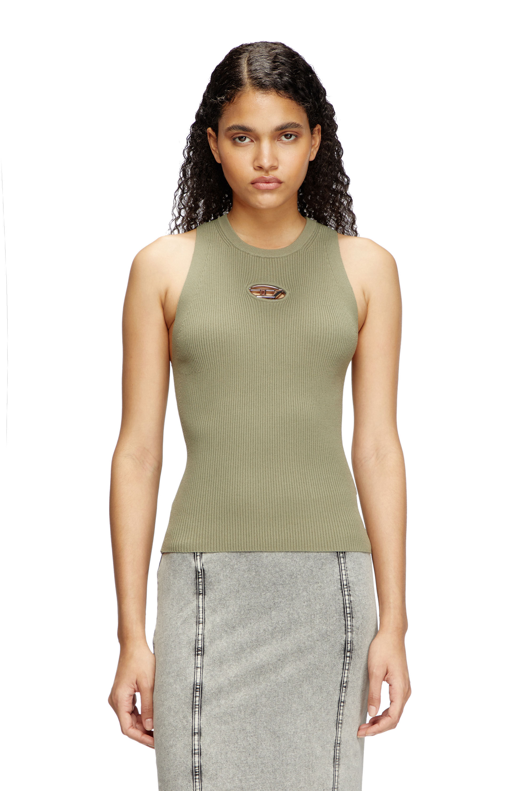Diesel - M-CADDIX-TOP, Top en maille côtelée avec petite plaque à logo Femme in Vert - 3