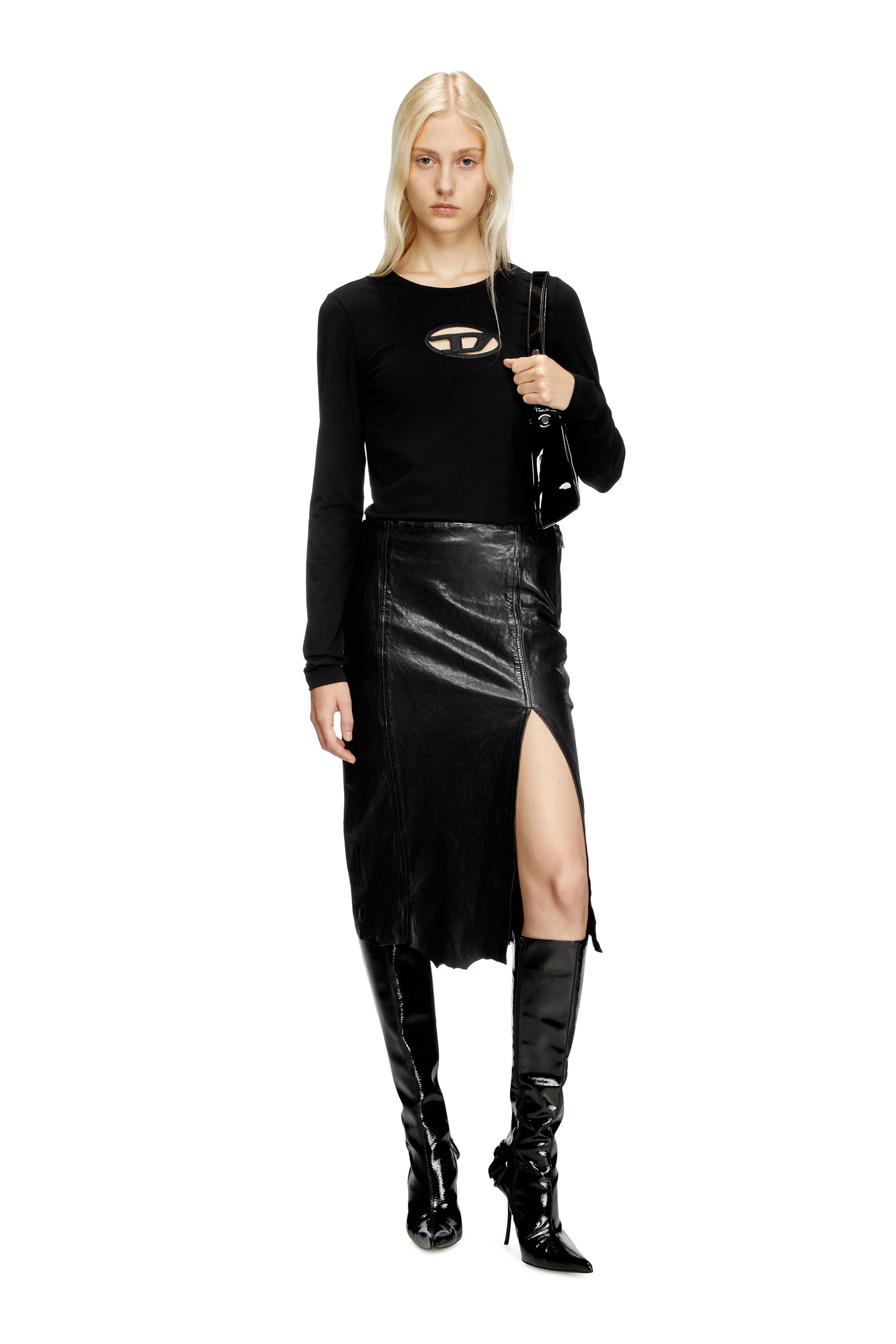 Diesel - L-RUPA, Jupe midi en cuir froissé brillant Femme in Noir - 1