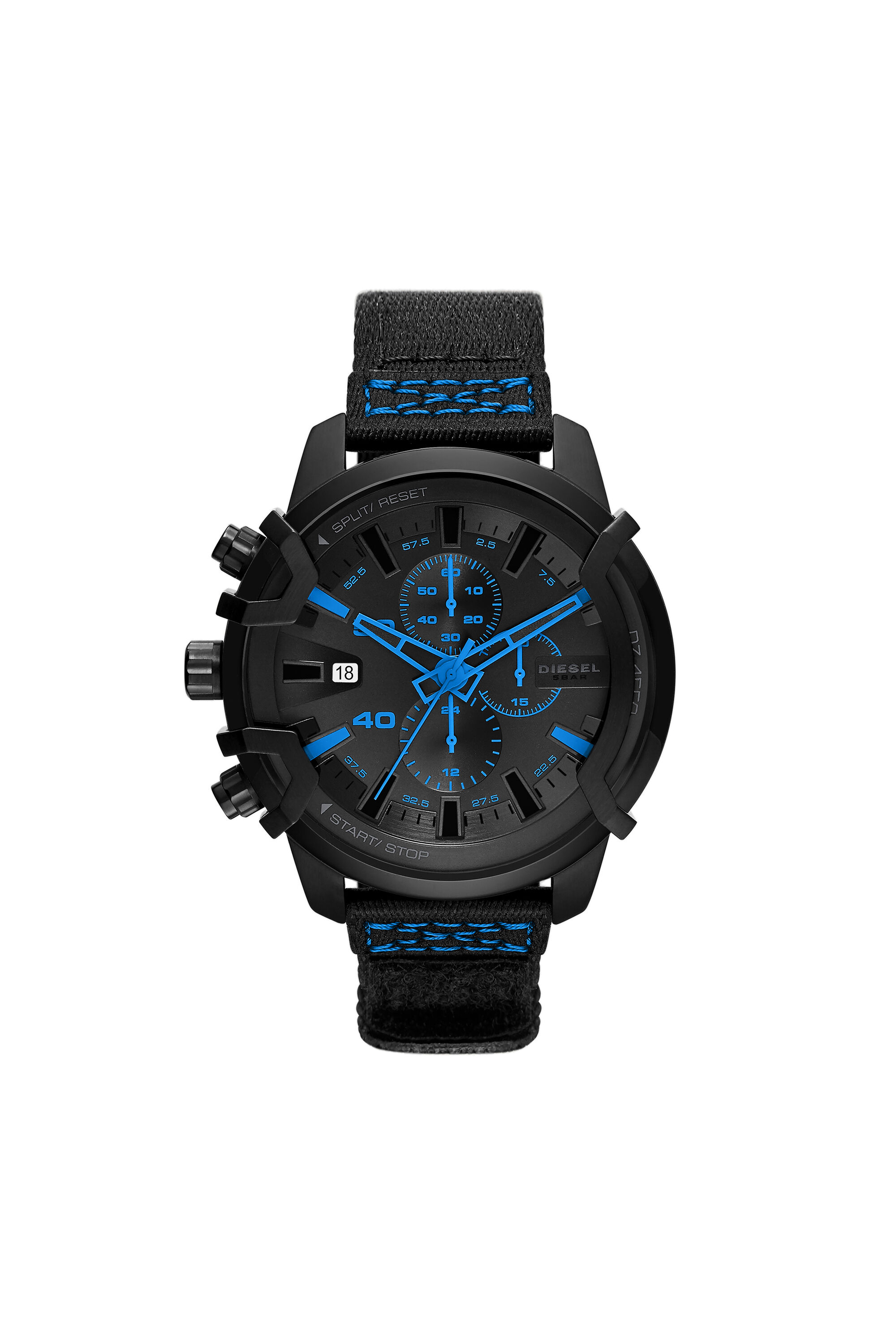 Diesel - DZ4553, Male's Griffed chronograph matte black nylon watch in Black/Blue - 1