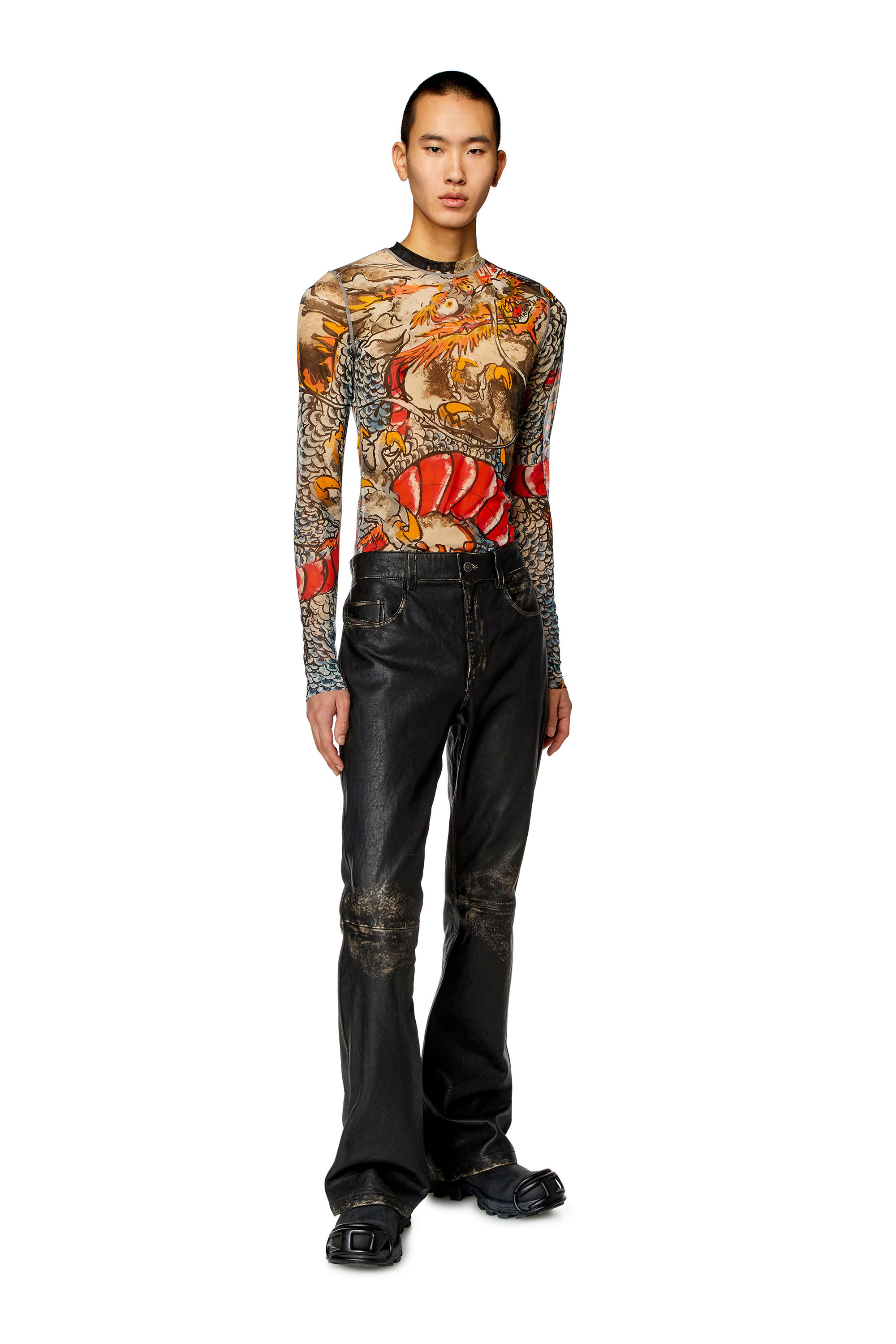 Diesel - CL-T-SIELAR-DRAGON, Unisex's Mesh top with Dragon print in Beige/Red - 1