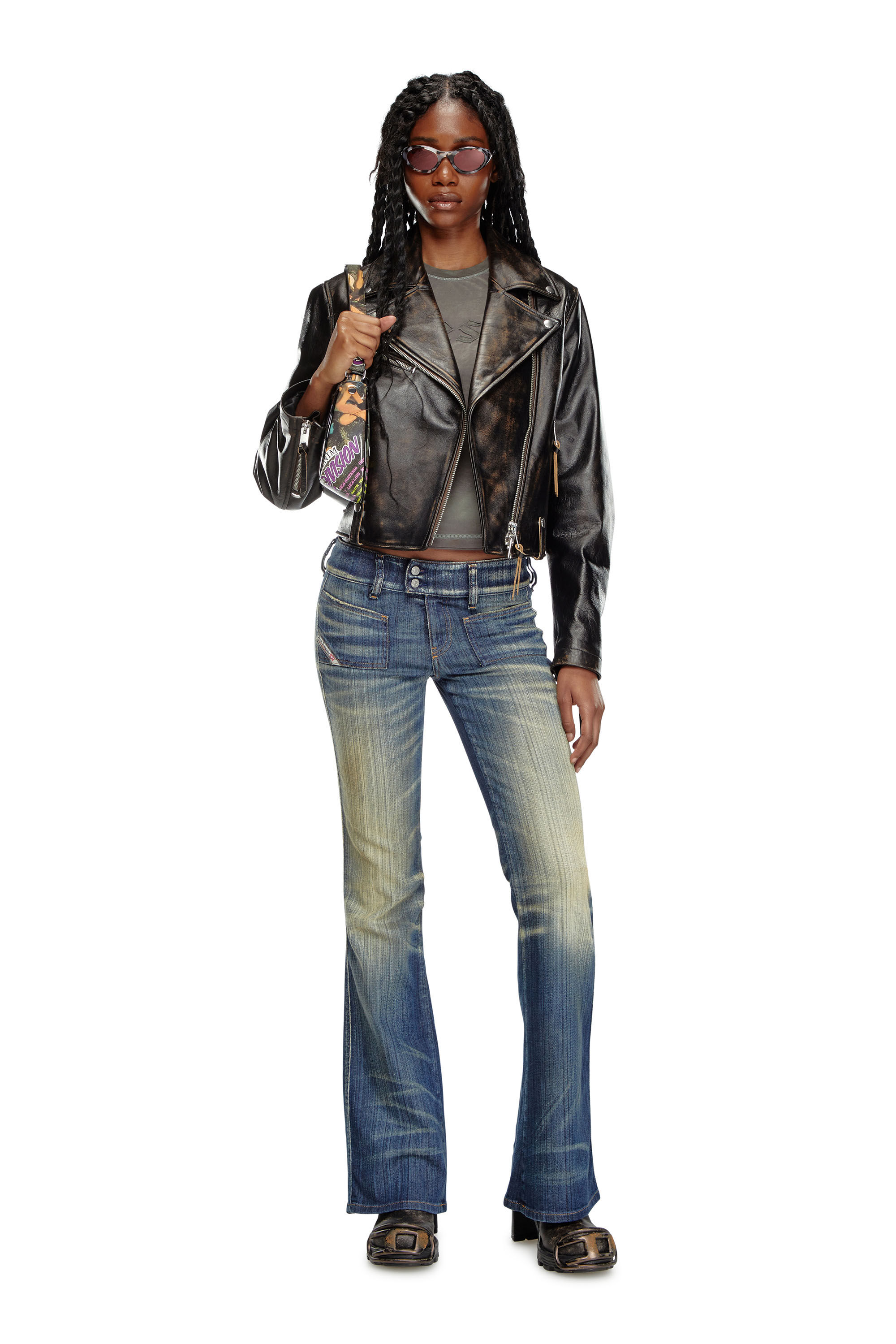 Diesel - L-EDMEA-CL, Veste de motard en cuir traité Femme in Noir - 1