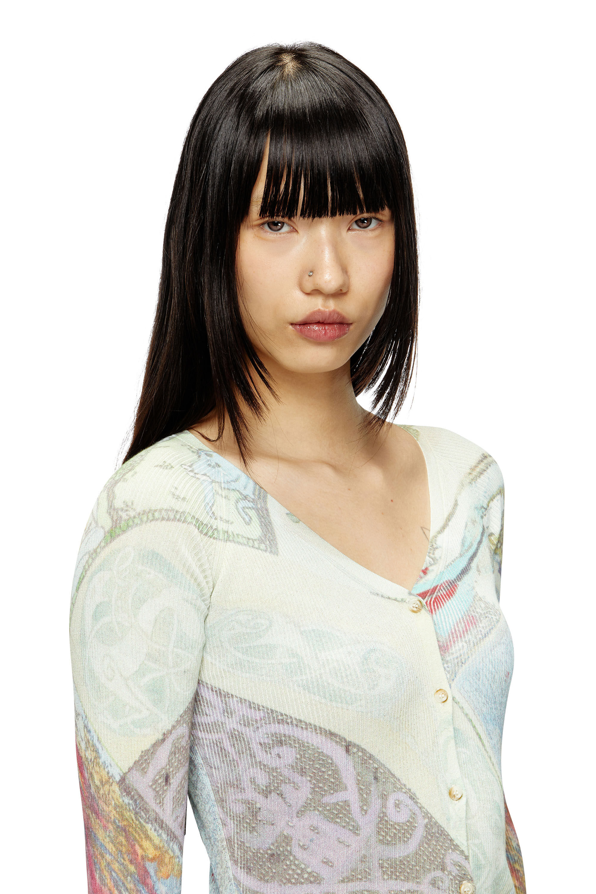 Diesel - M-FIORINA, Female's Cropped cardigan with medieval print in Blue/Green - 5
