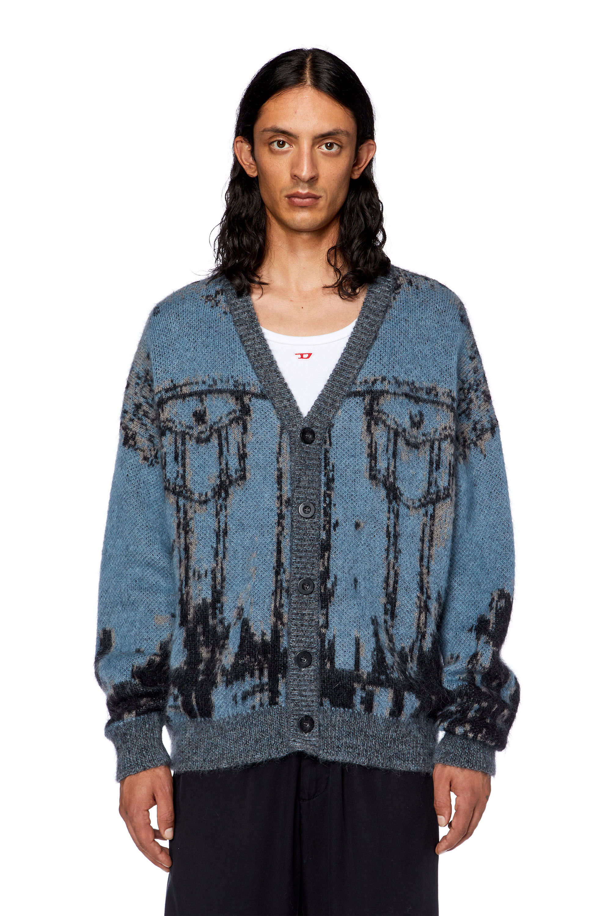 Diesel - K-PETALO, Male Knit cardigan with jacquard jeans motif in Multicolor - Image 5