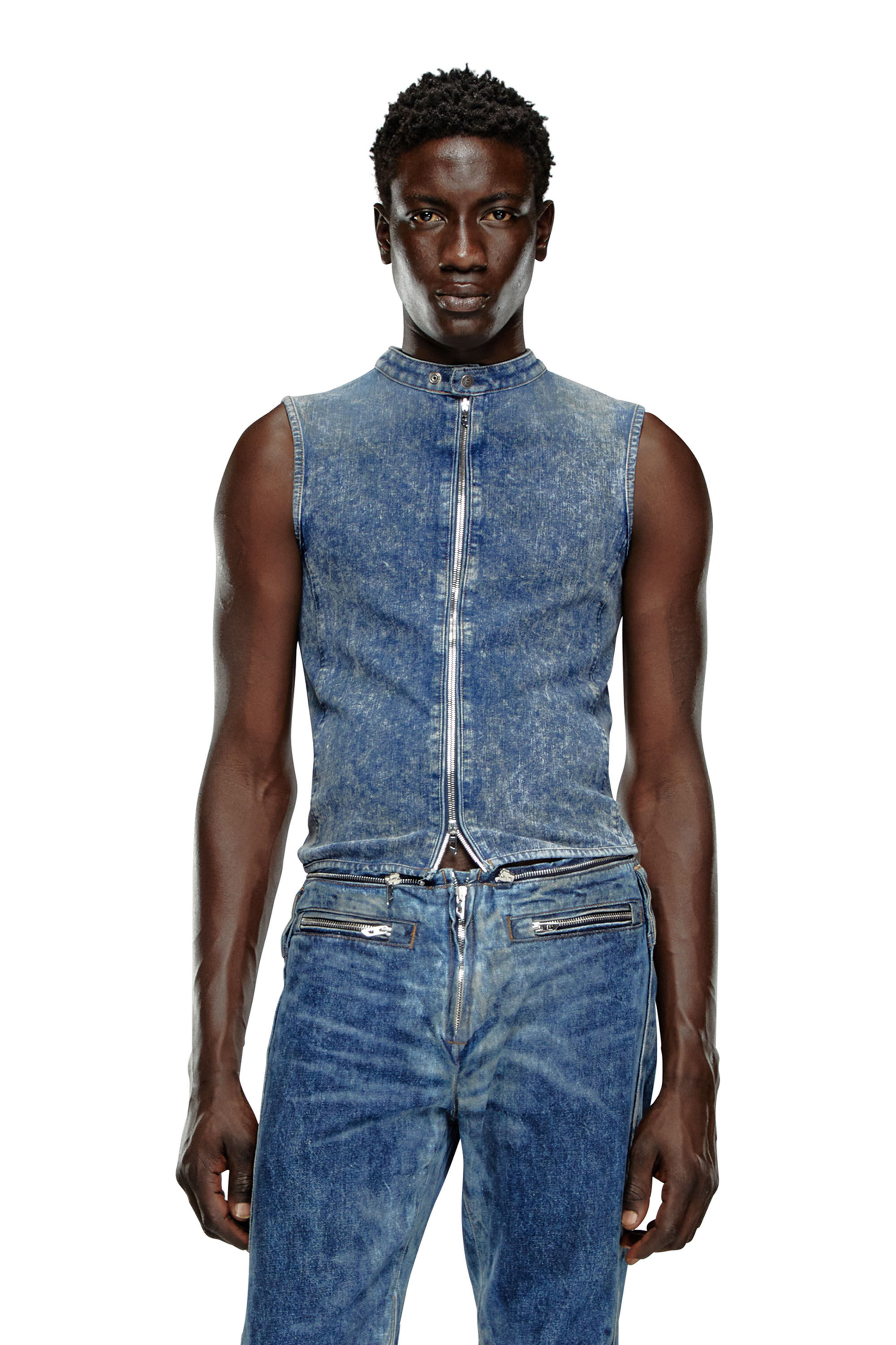 Men s Sleeveless denim top with biker details Blue Diesel