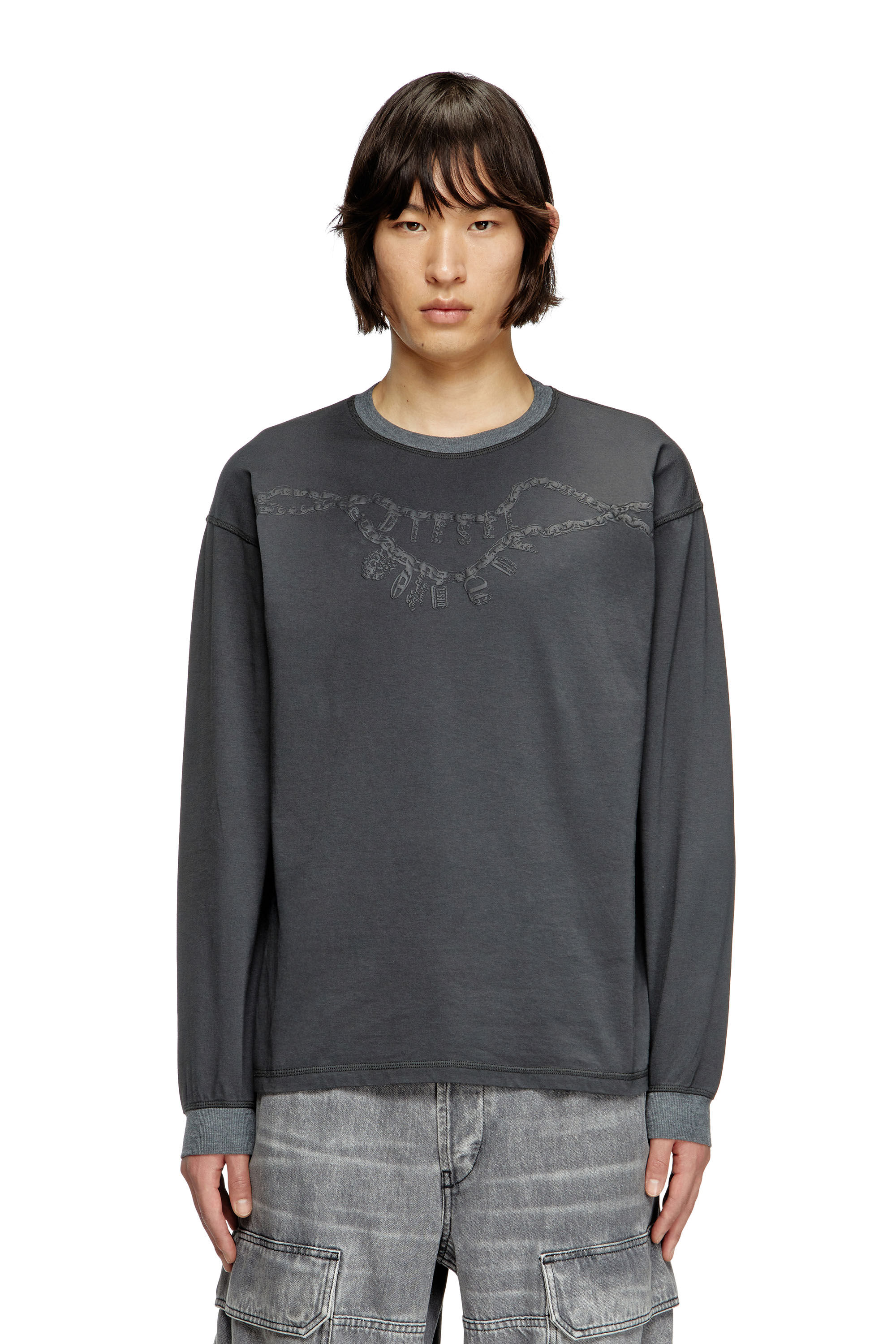 Diesel - T-BOXT-LS-HOSHI, Unisex's Long-sleeve T-shirt with charm necklace print in Dark Grey - 3