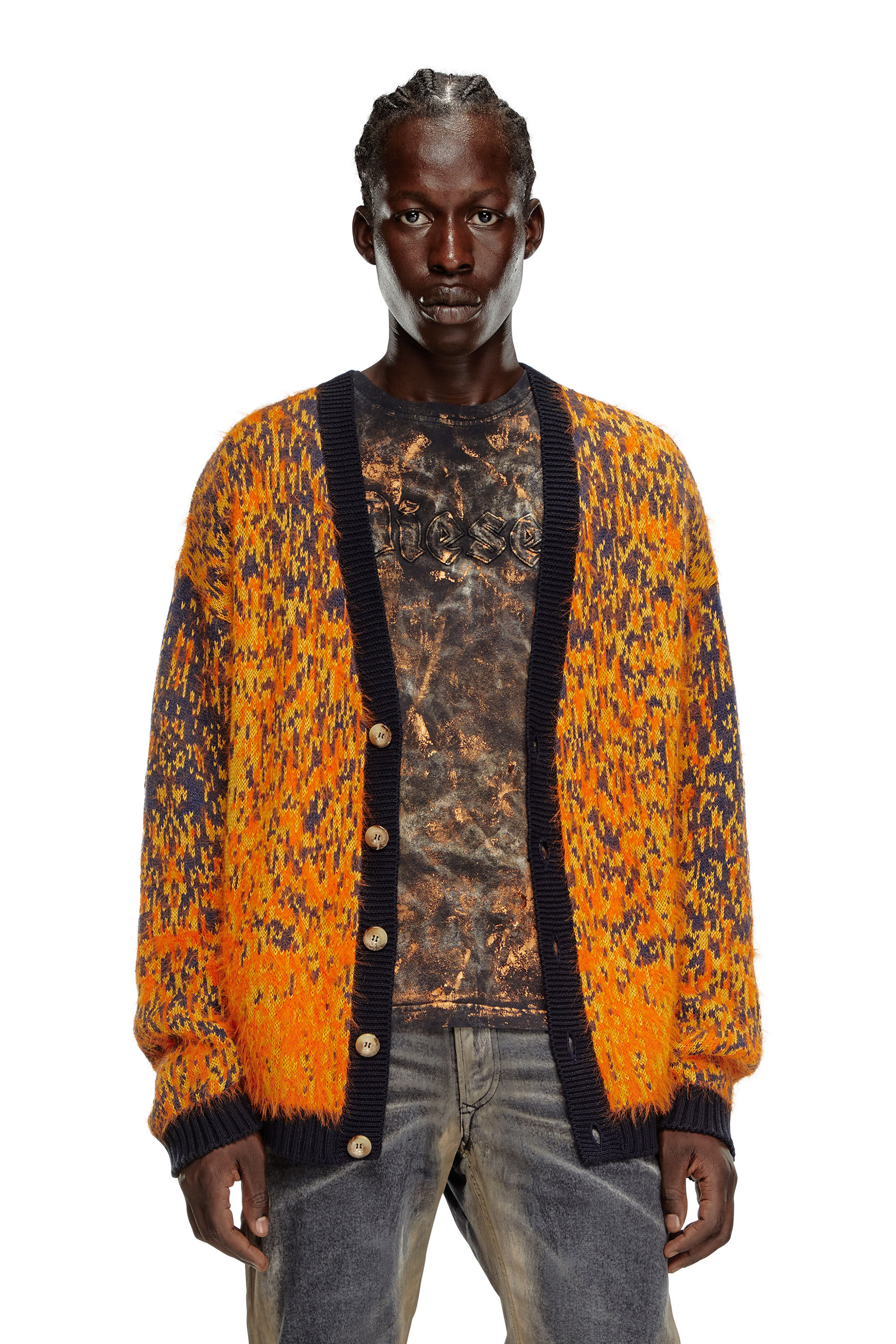 Men s Fuzzy cardigan with abstract pattern Orange Diesel