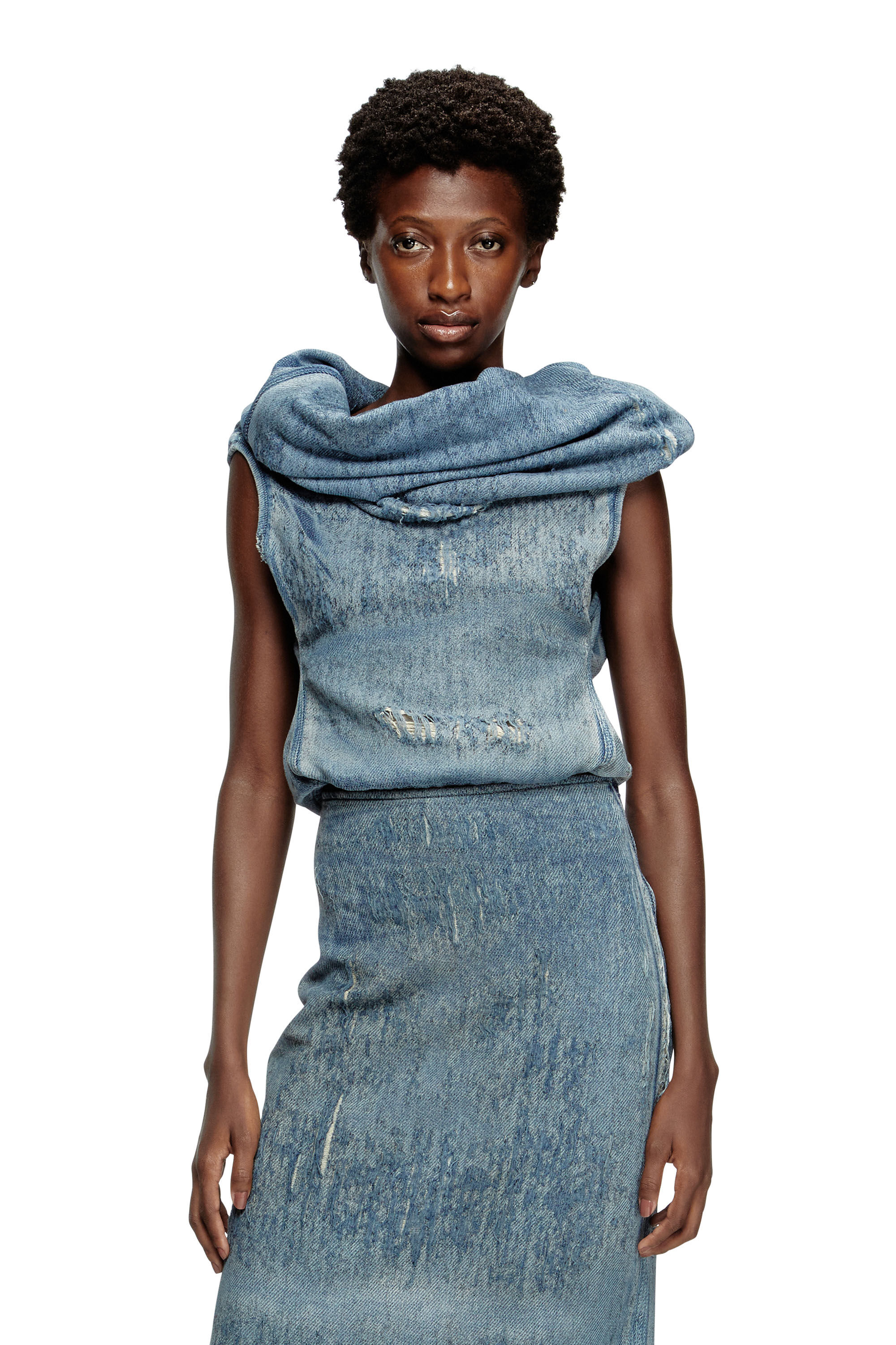 Diesel - DE-VANIA-FSG, Top en denim jacquard ultra-destroyed Femme in Bleu - 3