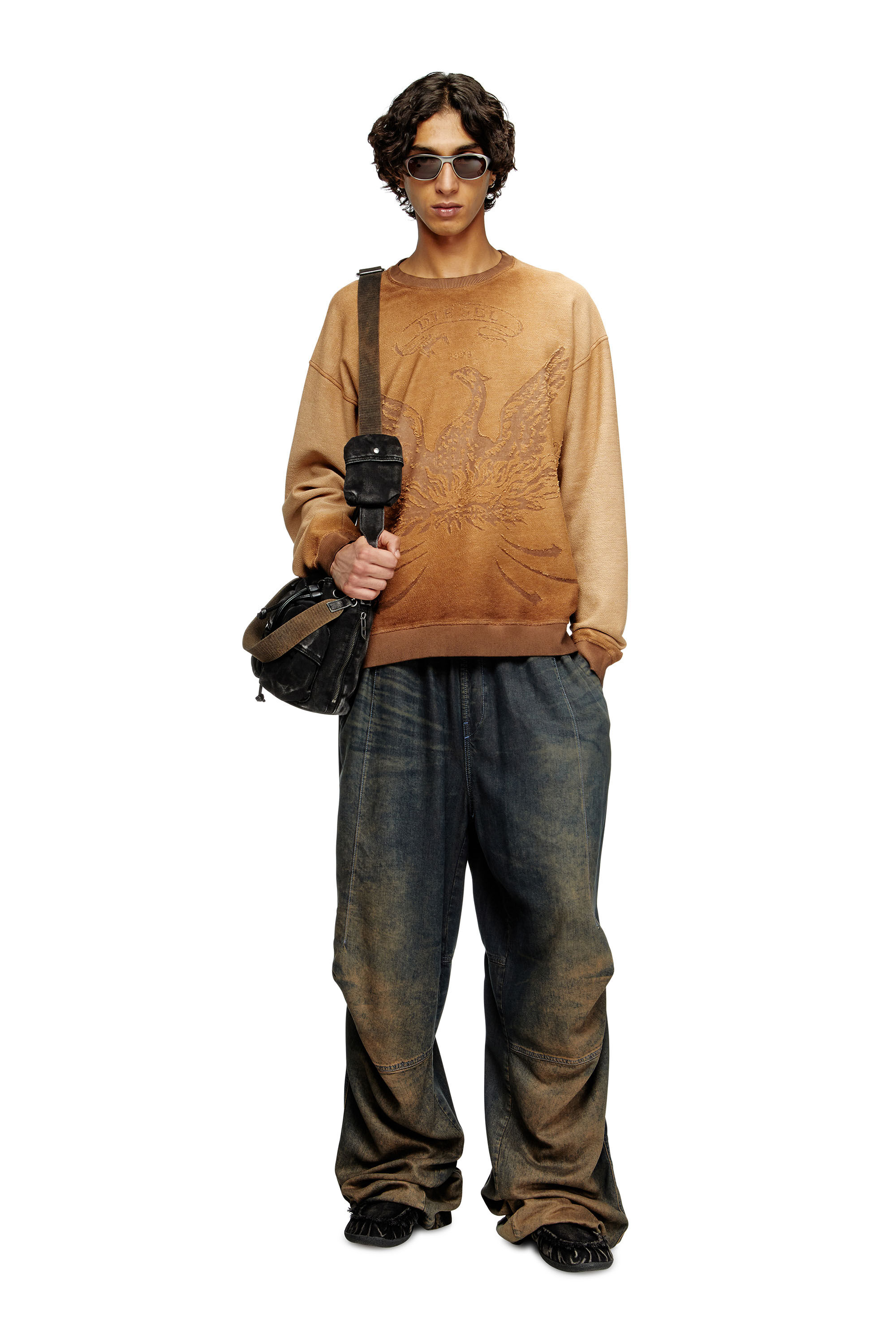 Diesel - S-ARON, Male's Faded sweatshirt with devoré Phoenix logo in Brown - 1