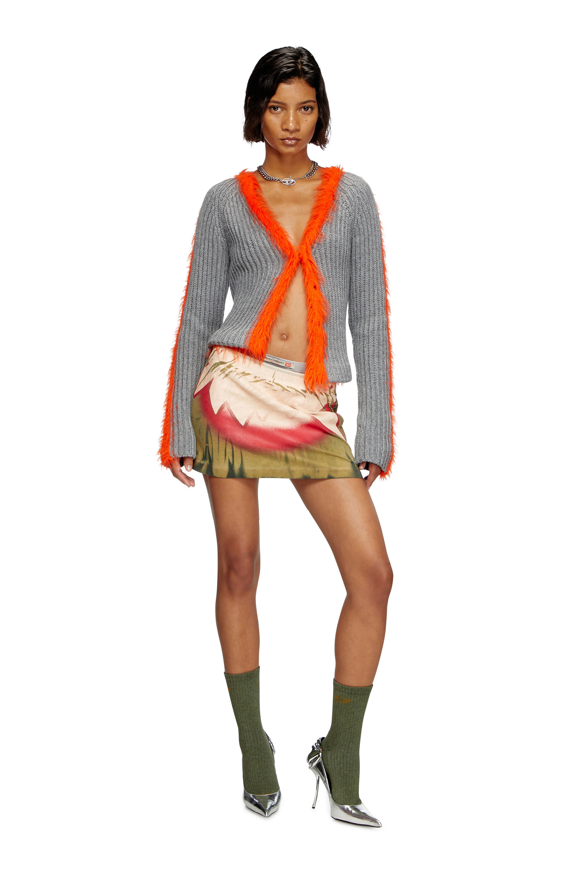 Diesel - M-TANITA, Female's Ribbed cardigan with fuzzy trims in Grey/Orange - 1
