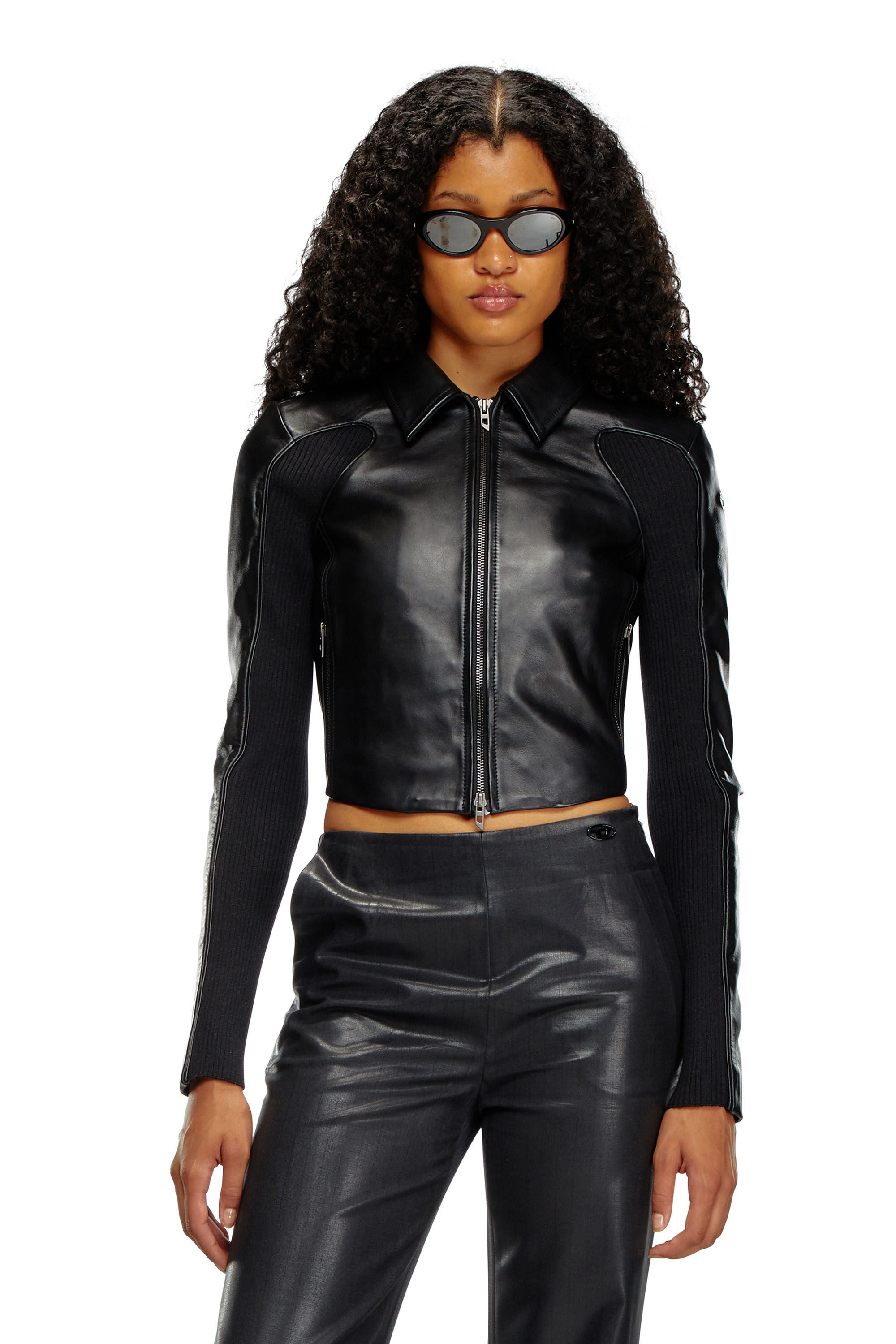 Women's Cropped leather jacket with knit inserts | Black | Diesel