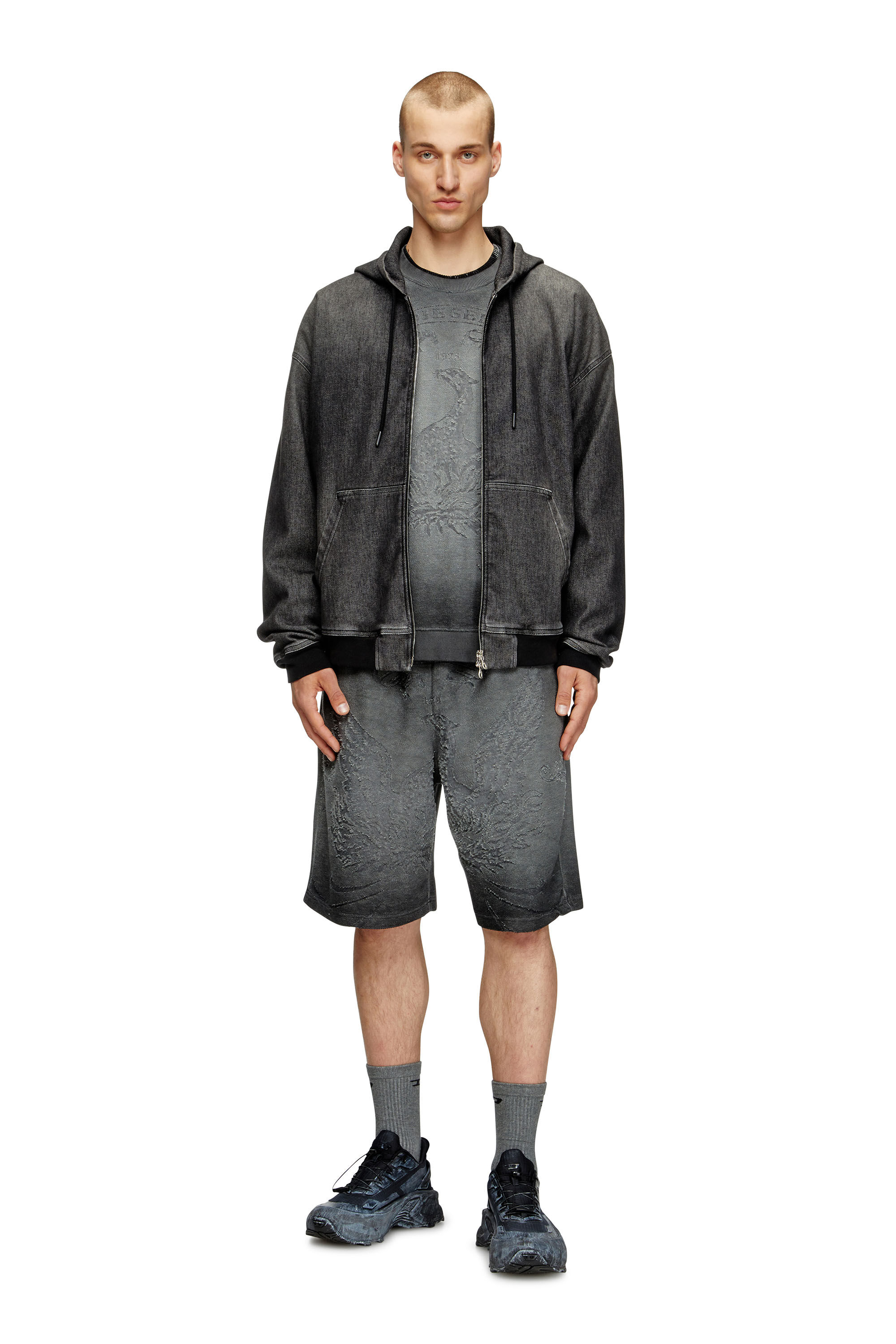 Diesel - P-CROWDE, Male's Sweat shorts with phoenix devoré in Dark Grey - 1